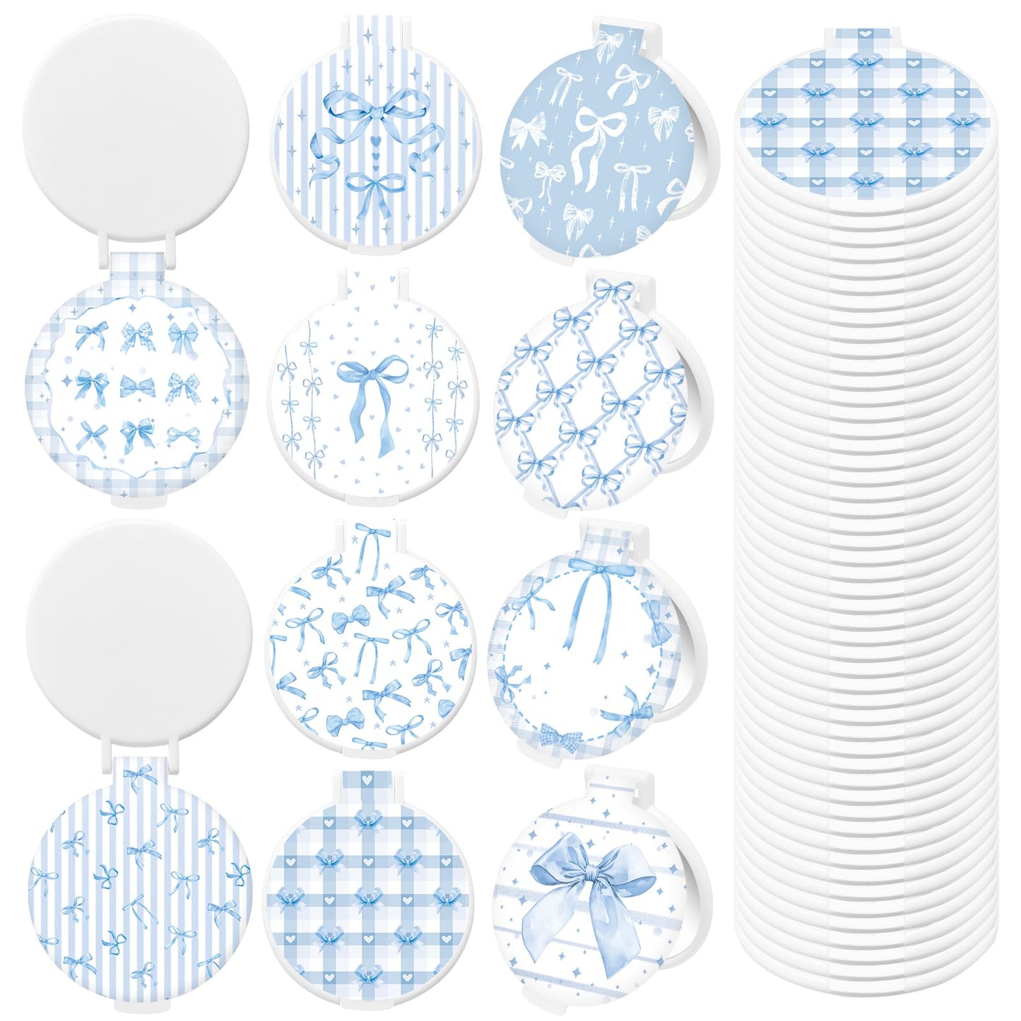 KOPOOEOE 50 Pcs Blue Bow Compact Mirror Bulk Small Pocket Purse Round Mirror Portable Folding Makeup Blue Bow Mirrors Gifts for Women Coworker Employee Teacher