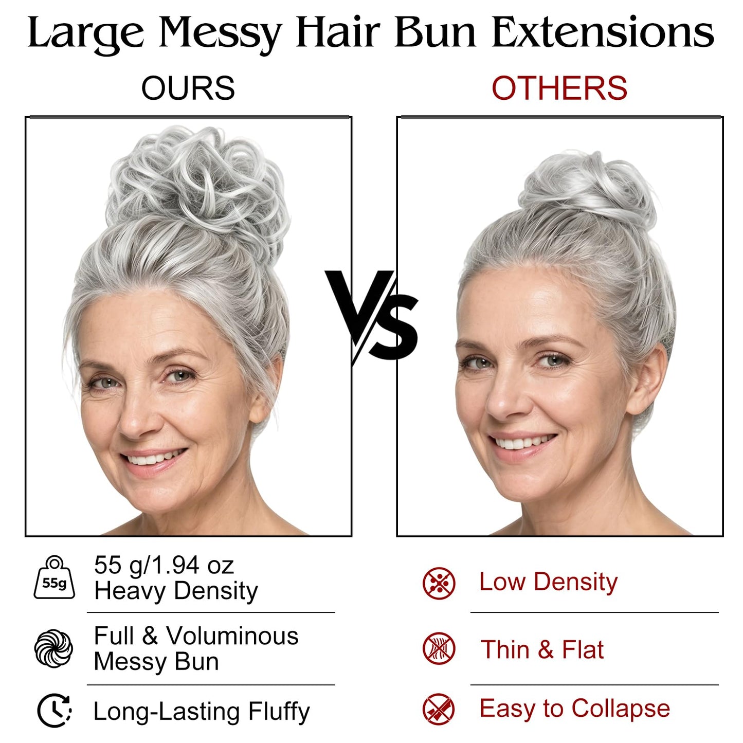 MEEZY Grey White Large Messy Bun Piece Hair Scrunchies for Women, 1.94 Oz Thick Wavy Curly Elastic Hair Bun Ponytail Extensions Synthetic Wigs Hairpieces with Pins for Updo Wedding Cosplay Costume