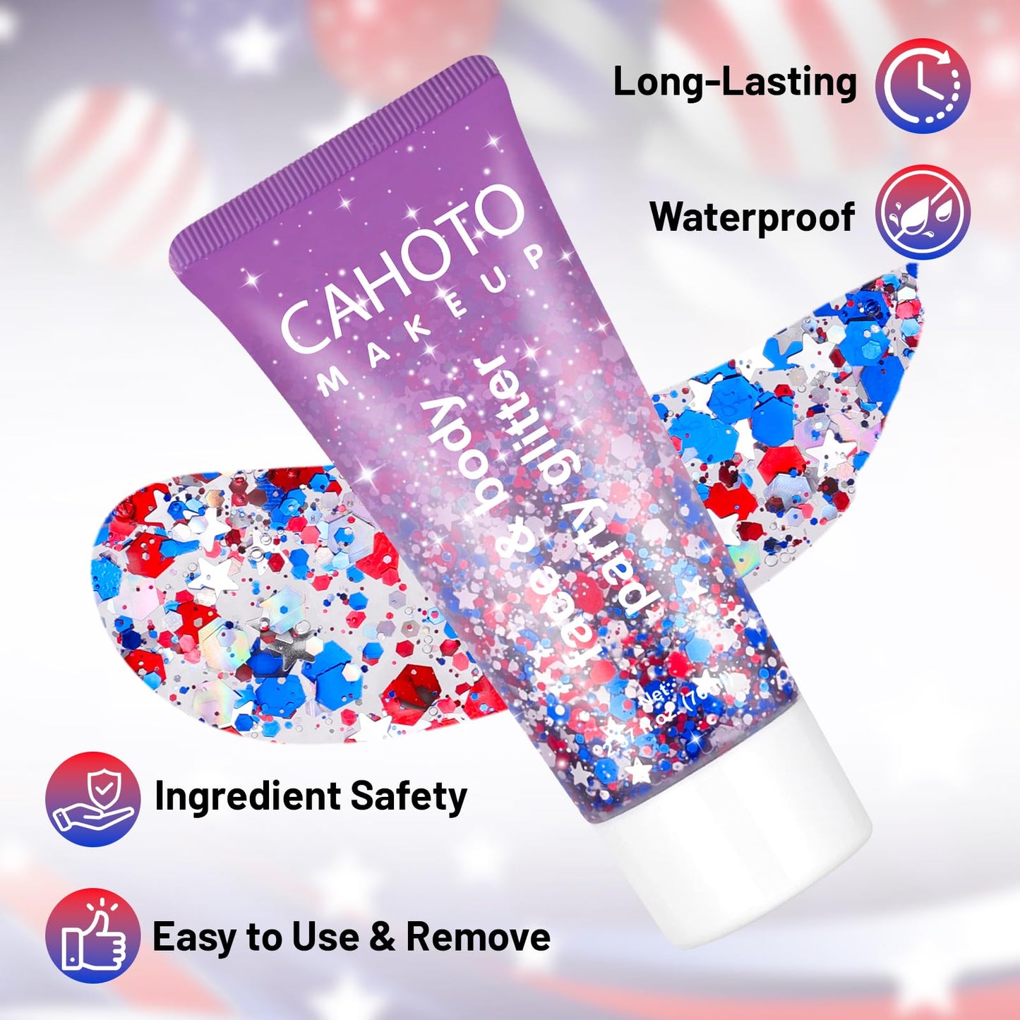 CAHOTO Flag Hexagon Glitter Gel, Red White Blue Hex and White Star, Patriotic Pride USA Flag Sparkling Sequins for Independence Day 4th of July Memorial Day Semiquincentennial 250 Anniversary, 70ml