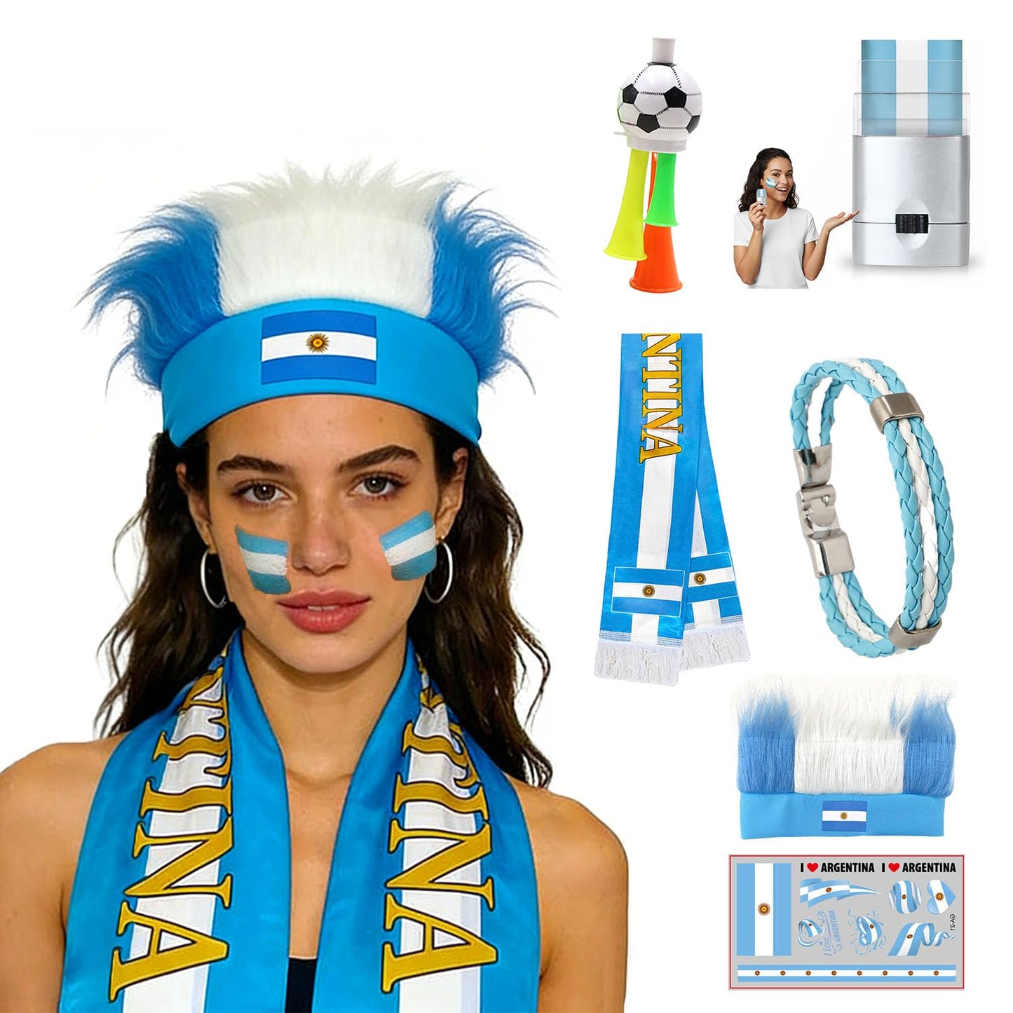 SeunKieer 2026 Soccer Supporters Fan Kit - Face Paint Sticks, Flag Scarf, Hairy Headband, Wristband, Horns, Temporary Tattoo for Soccer, Football, Rugby, Baseball, Game Day, Watch Parties