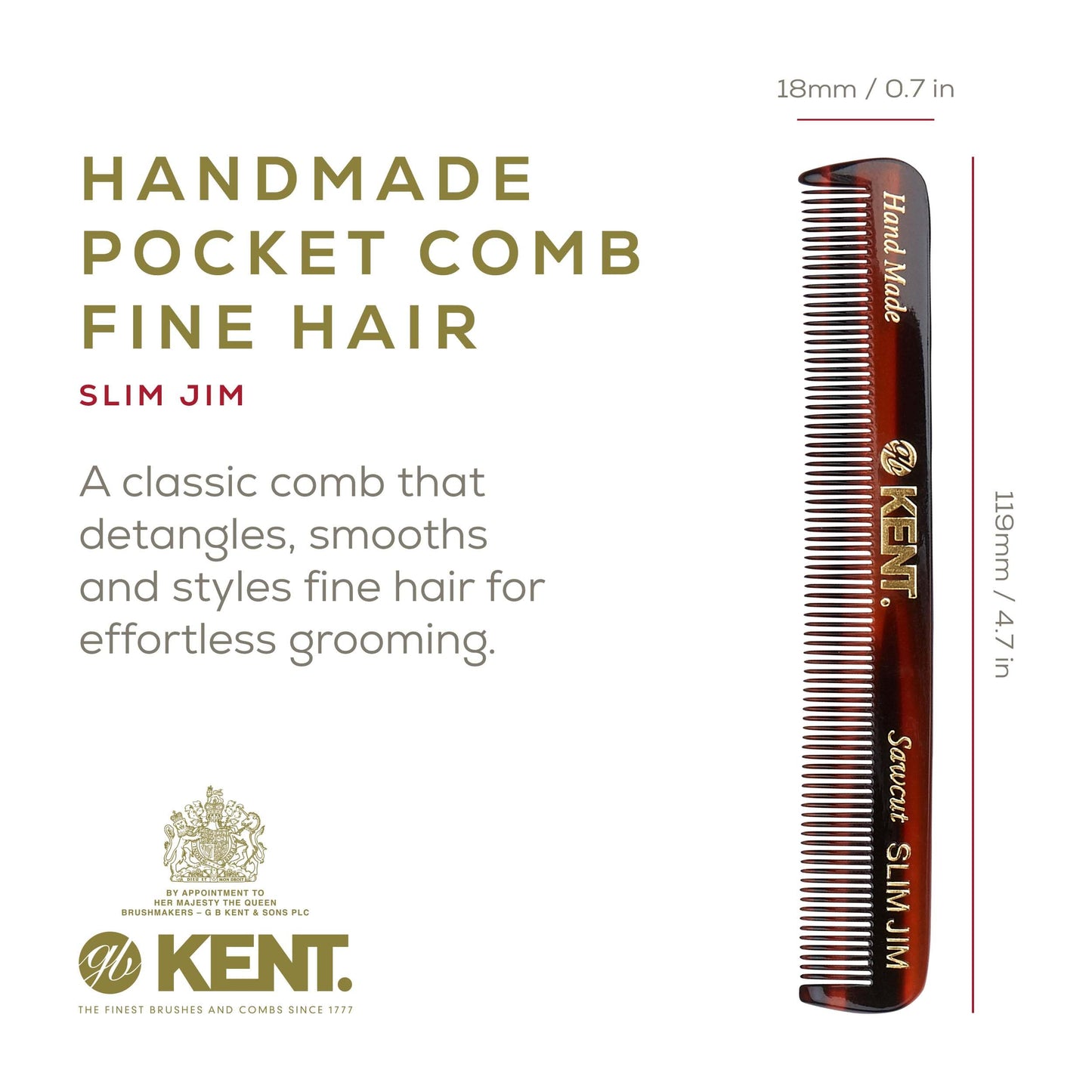 Kent Slim Jim Handmade All Fine Tooth Pocket Comb for Men, Hair Comb Straightener for Everyday Grooming Styling Hair, Mustache and Beard, Use Dry or with Balms, Saw Cut Hand Polished, Made in England
