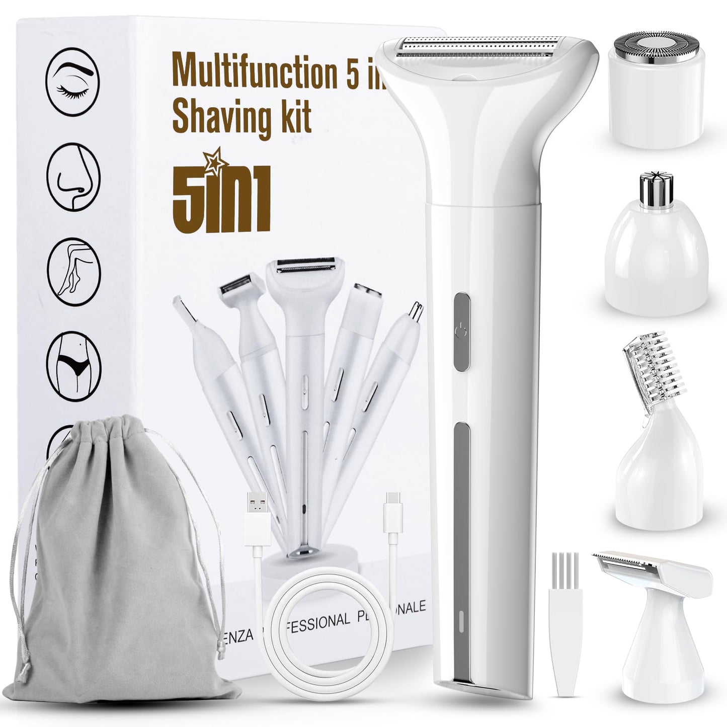 Happnear 2025 New Bikini Trimmer for Women - 5 in 1 Wet/Dry Electric Razor for Women, Rechargeable Electric Shaver, Travel Hair Remover for Face Nose Eyebrow Leg Pubic Armpit (White)