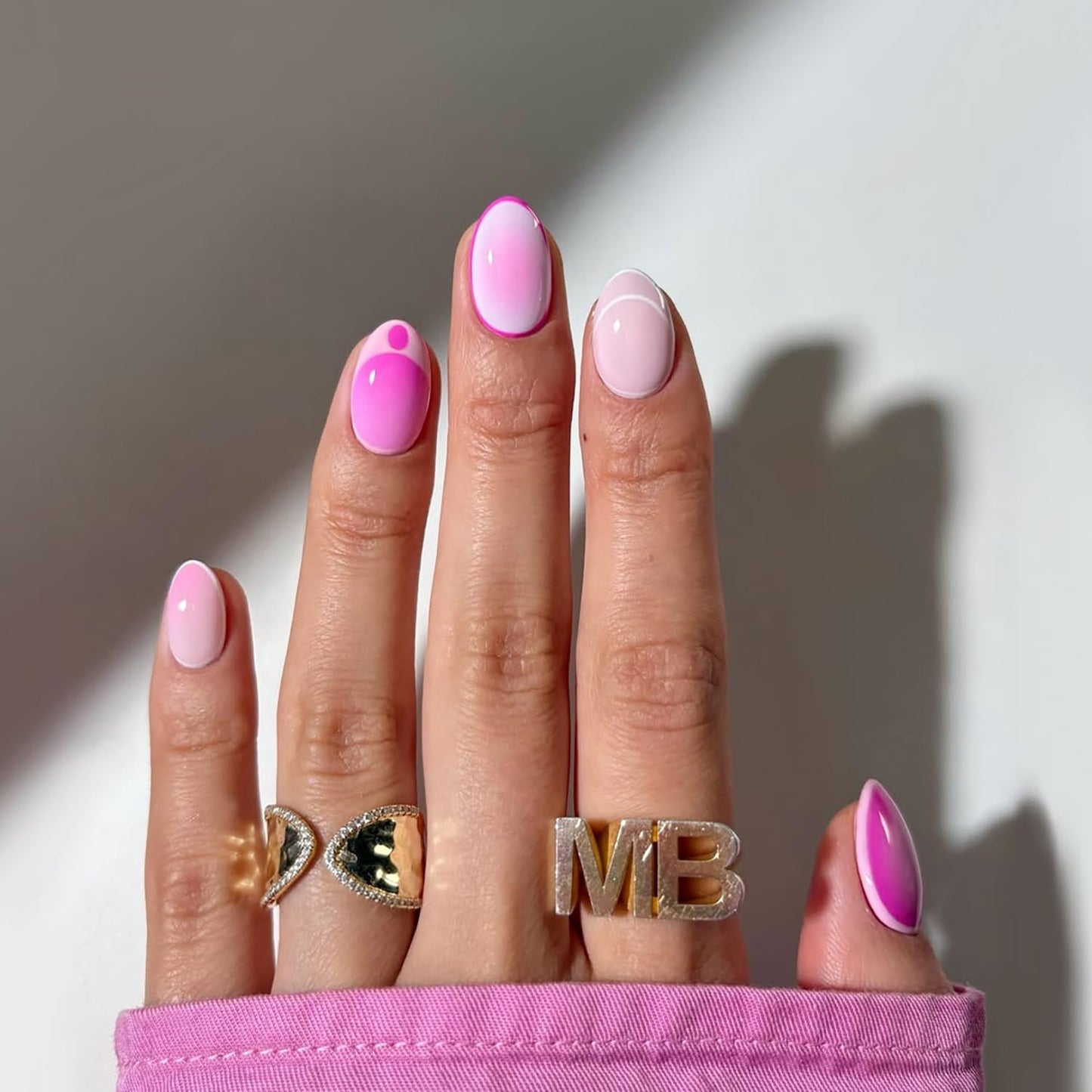 Short Press-On Almond Fake Nails - Rose Pink Acrylic with Glossy Stripe Designs | Reusable Full Cover Nails for Women