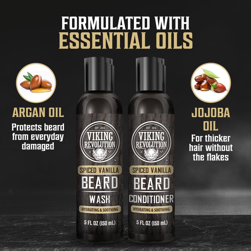 Viking Revolution Ultimate Conditioner for Men's Beard Grooming - Softens, Smoothes and Soothes - Contains Beard Wash and Conditioner (5oz Set), Beard Oil, Balm and Wooden Comb - Spiced Vanilla Scent