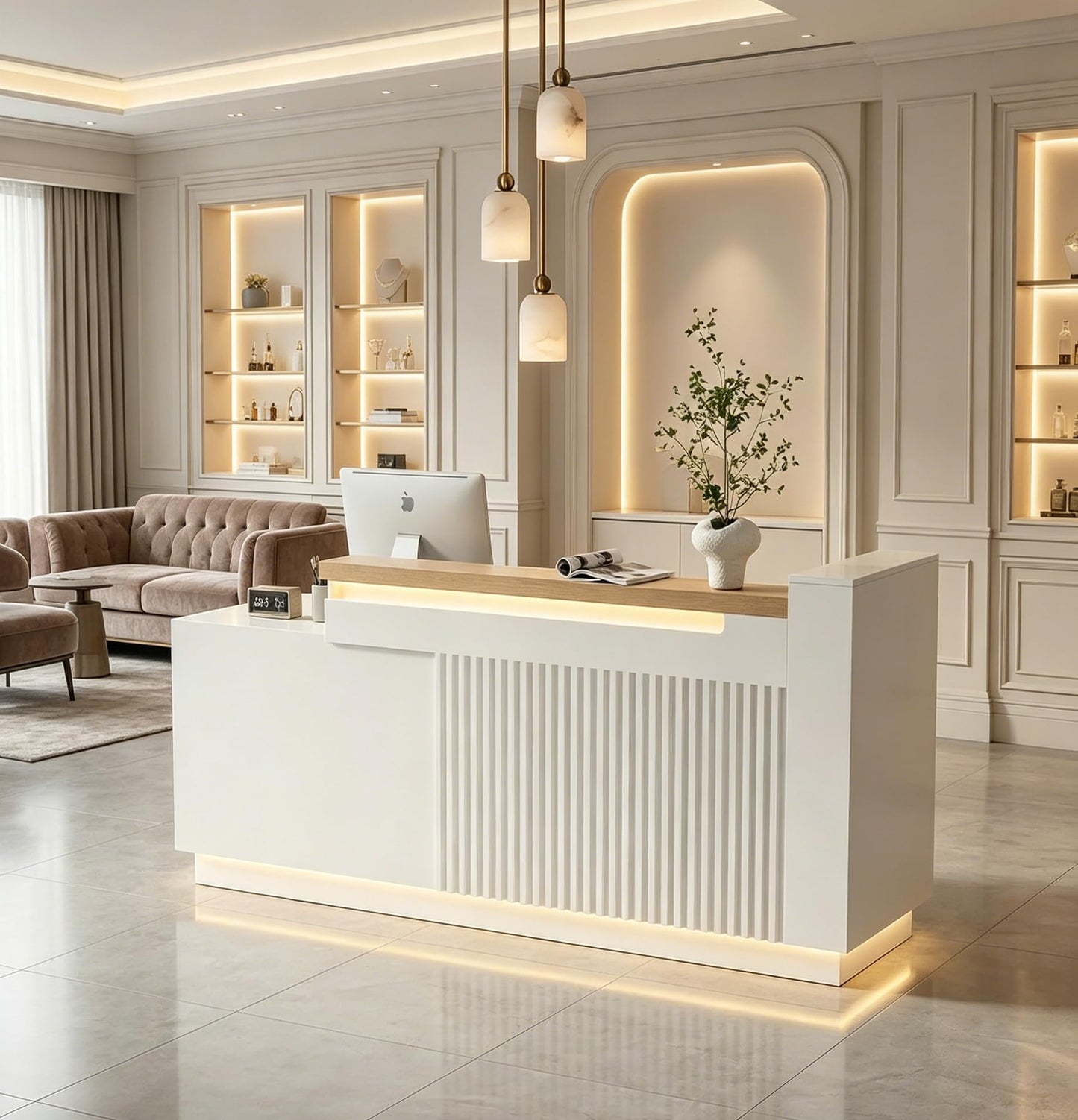 ZIMASYA 63" L-Shaped Reception Desk with Counter, Modern Commercial Front Desk with Power Outlets, Combination Lock Drawers, LED Lights for Office, Beauty Salon, Retail Store, White