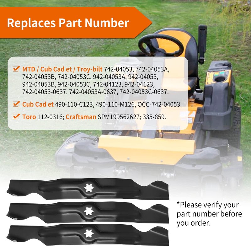 budrash 942-04053C Mower Blades Fit for Cub-Cad et RZT 50" Tractors, 742-04053 High Lift Blade Fit for Cub-Cad et Troy Bilt LT1050 LTX1050 50" Deck 742-04053A 742-04123, 942-04123, 3 Pack