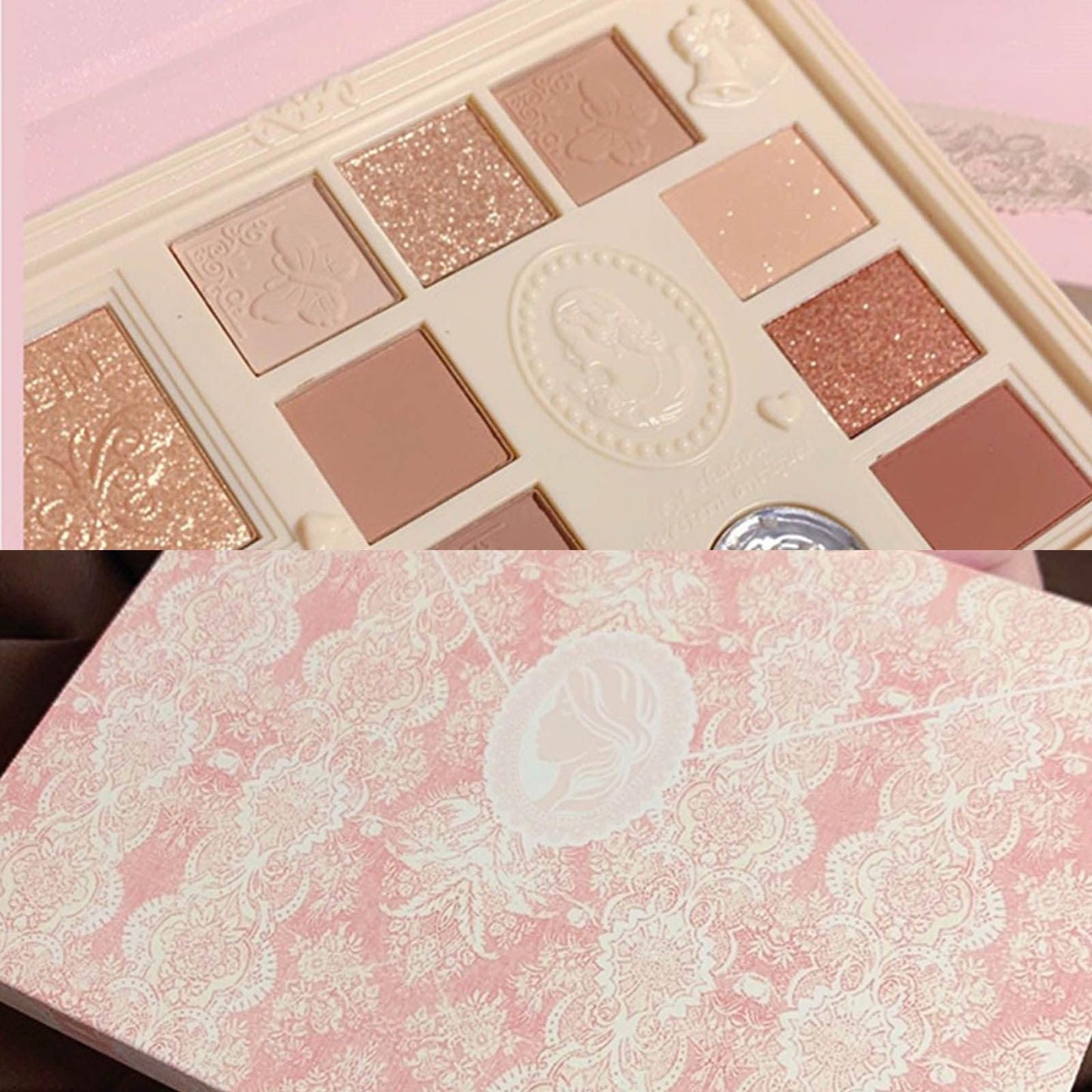 Ezyuanchly Lace 12 Color Eyeshadow Palette, Blendable Shimmer and Matte Nudes Shades, All In One Makeup Blush Highlighter, Pink