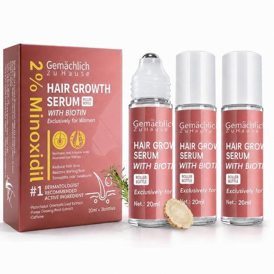 NDC Listed 2% Minoxidil OTC Hair Regrowth Treatment for Women - GMP Precision Roll-On Scalp Serum with Biotin, Rosemary & Ginseng - Alcohol-Free, Mess-Free Hair Thinning Solution (3 x 20ml)