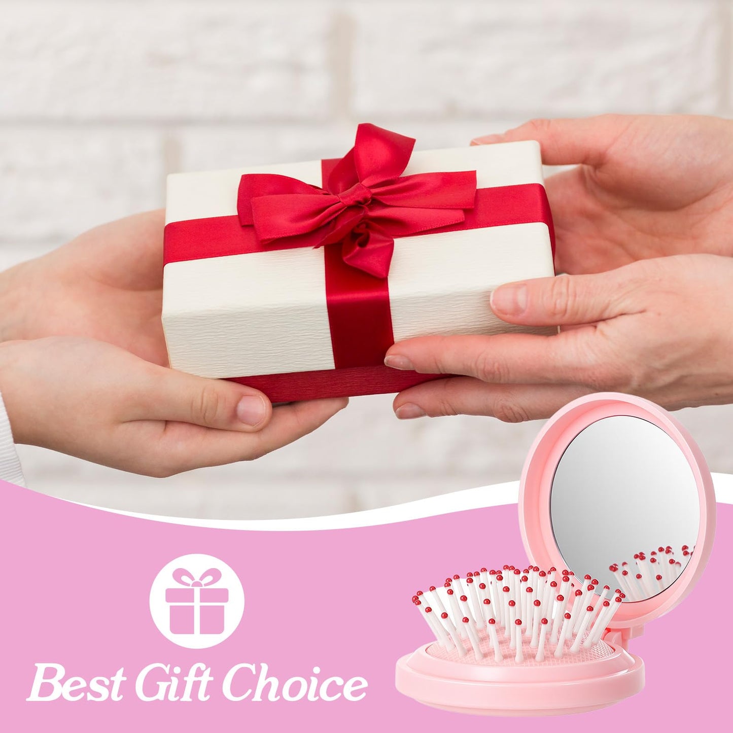 Mini Travel Brush for Women Folding Hair Brush Portable Mini Hairbrush with Mirror, Compact Pop Up Pocket Brushes, Small Travel Size Flip Brushes for Purse Girls Wet and Dry Hair, Pink