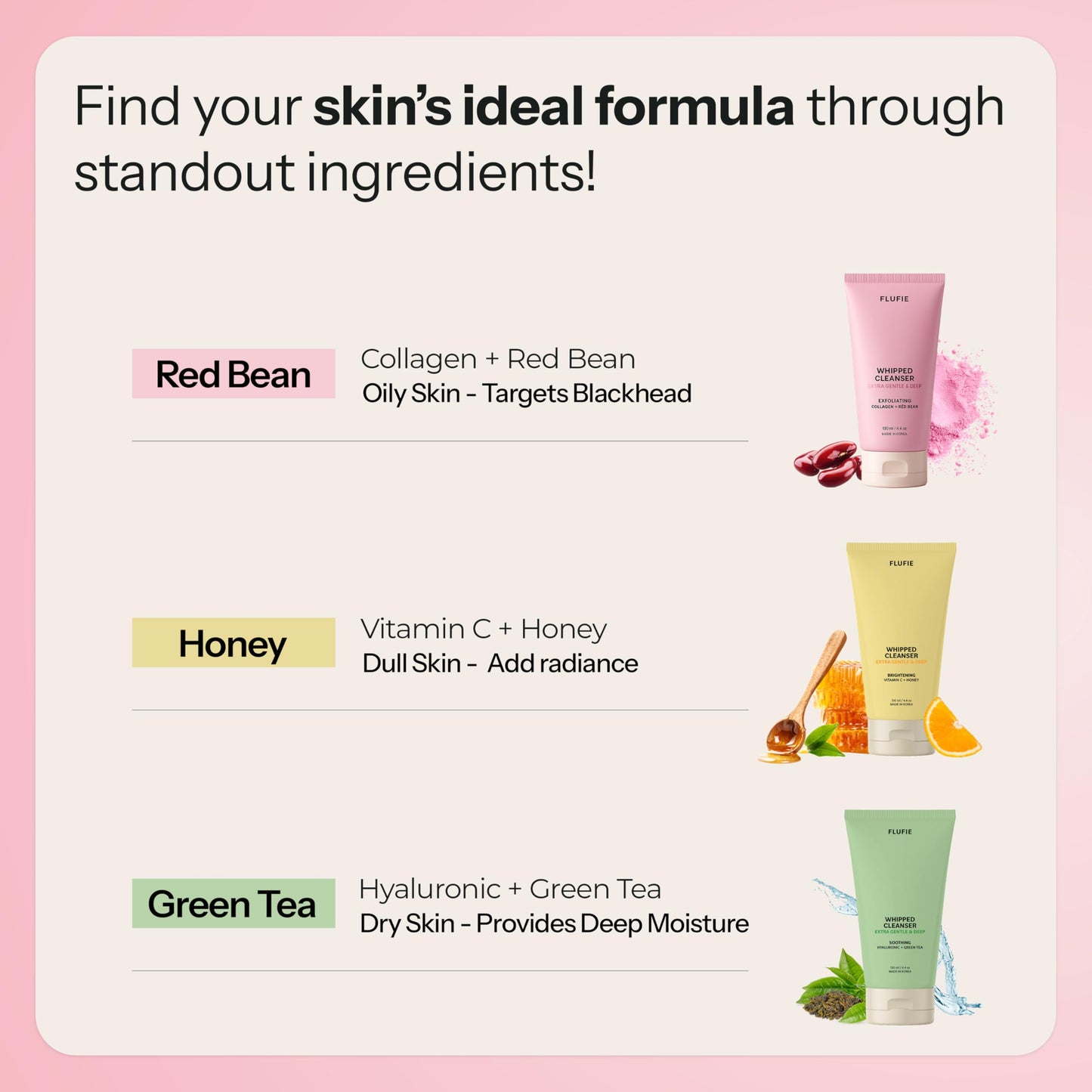 Flufie Whipped Facial Cleanser with Collagen & Red Bean – Gentle Exfoliating, Hydrating & Brightening for Smooth Skin – Dermatologist Tested, Anti-Aging, Korean Skin Care – Clean Beauty – 4.4 Oz