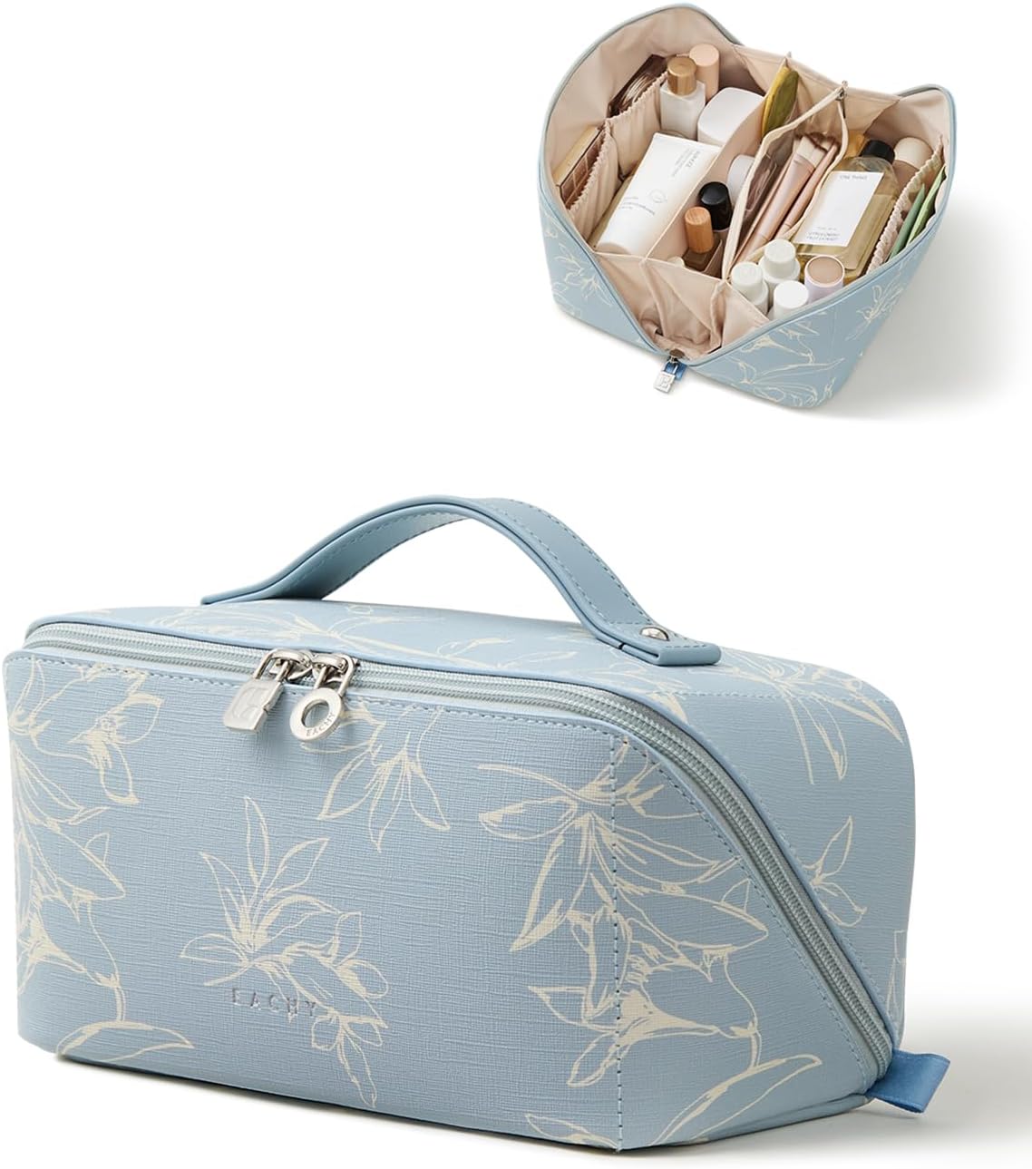 Travel Makeup Bag - Large Capacity Waterproof Cosmetic Pouch | Open Flat Design (F-Beige)