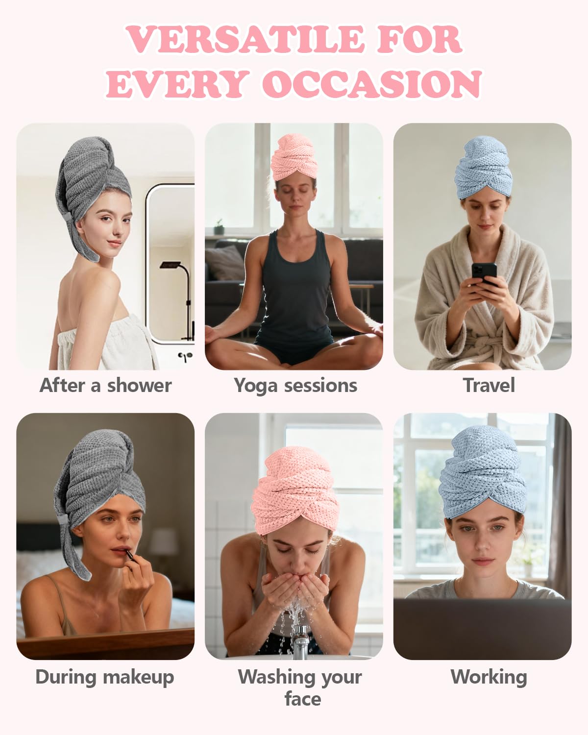 FUFUSING 2-Pack Microfiber Hair Towel - 39" x 24" Super Absorbent, Fast Drying Hair Towel Wrap for Women Long, Curly Hair - Turbans with Elastic Strap for Morning Routine & Makeup