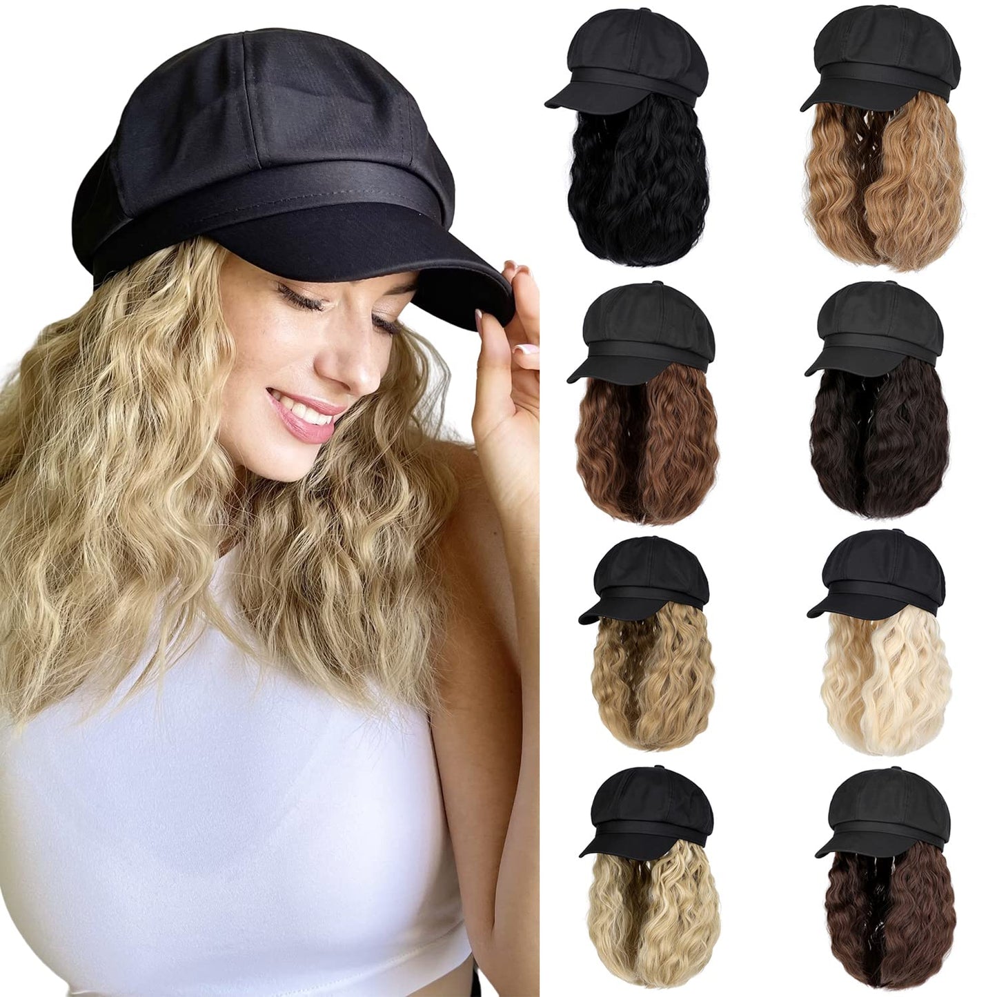 Cephermer Newsboy Cap with 10 Inch Wavy Curly Hair Extensions for Women Hat Attached Synthetic Wig Short Extensions 14 Inch in Length (with Newsboy Cap)