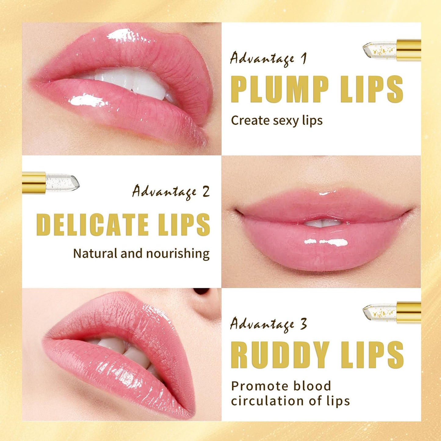 DENESTUP Color Changing Lipstick, Clear Lipstick Gold Foil Crystal Ph Adjusting Lip Stick, Color Changing Ph Lip Balm, True Tone Ph Adjusting Lipsticks for Women