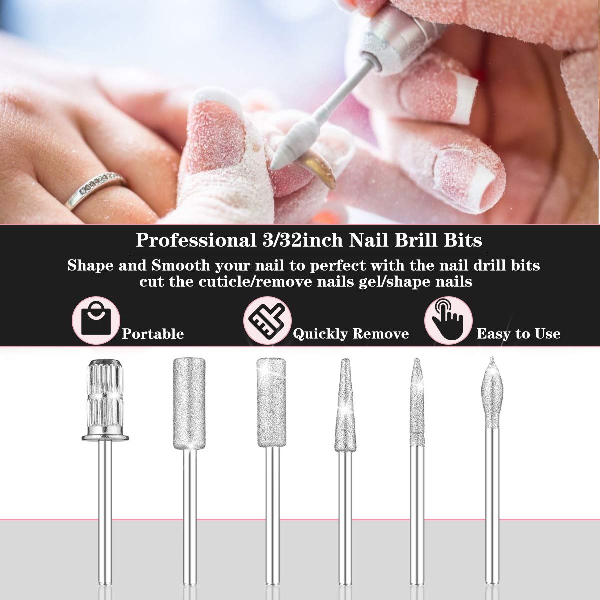 Subay Professional Nail Art Drill Bits Set 6PCS 3/32inch, Sanding Bands 300PCS #80#120#180 for Acrylic, Gel Nails, Dip Powder Nails and Manicure Pedicure