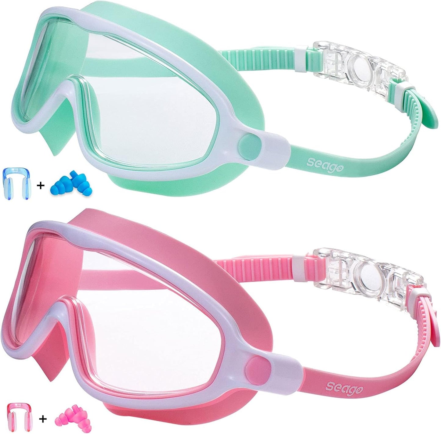 Seago Swim Goggles - Anti-Fog, Anti-UV Wide View for Kids 3-14 | 2 Pack