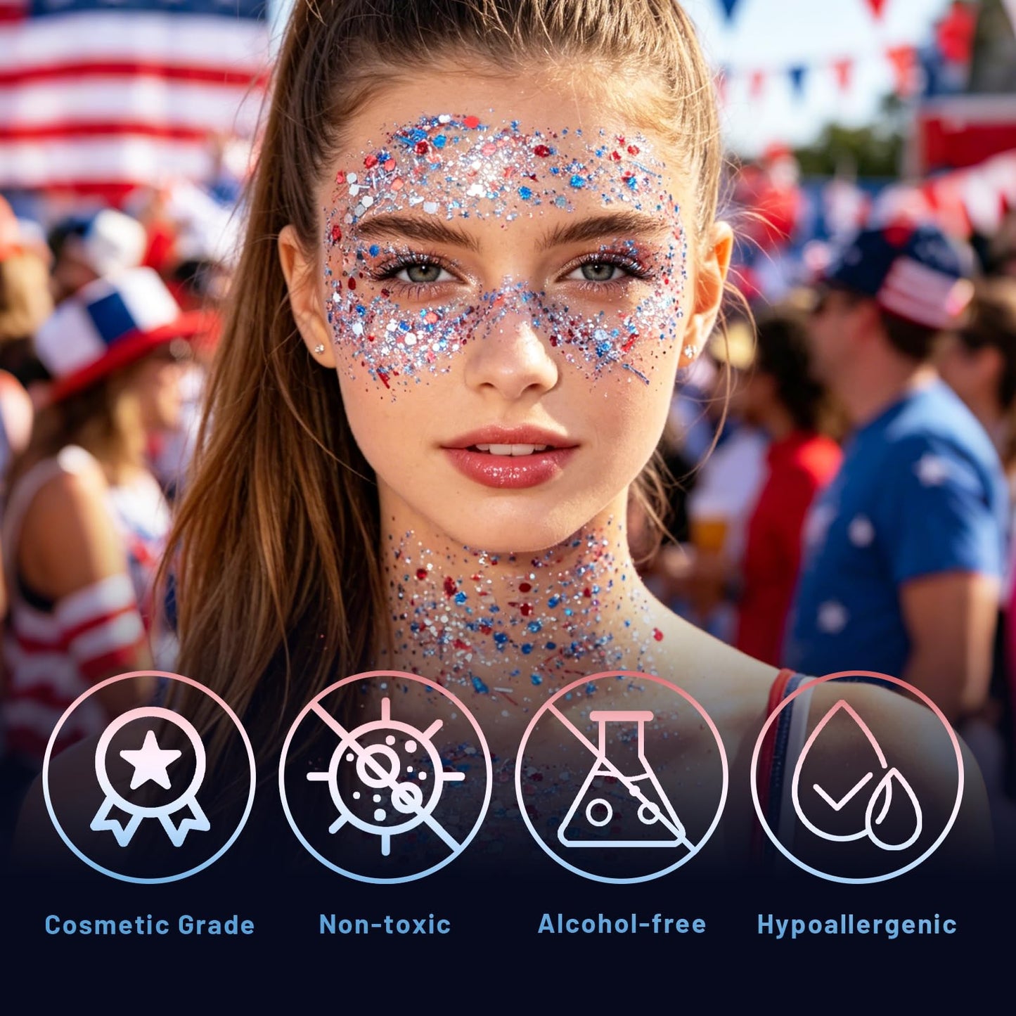 DAGEDA Red White Blue Body Glitter Stick, Sparkly Face Glitter Makeup, 4th of July Outfits Accessories for Women, Shimmer Face Paint Stick, Fourth of July Independence Day Costumes Accessories(Cheers)