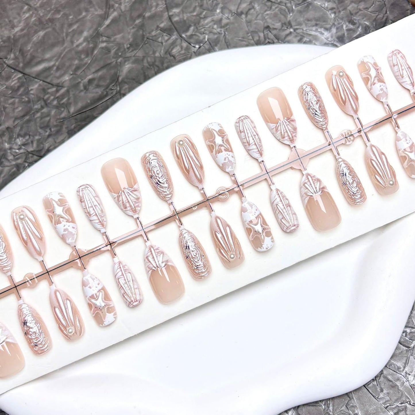 30Pcs Summer Press-On Nails - Medium Almond Shape with 3D Starfish & Seashell Designs | Ocean Pearl French Tip Full Cover