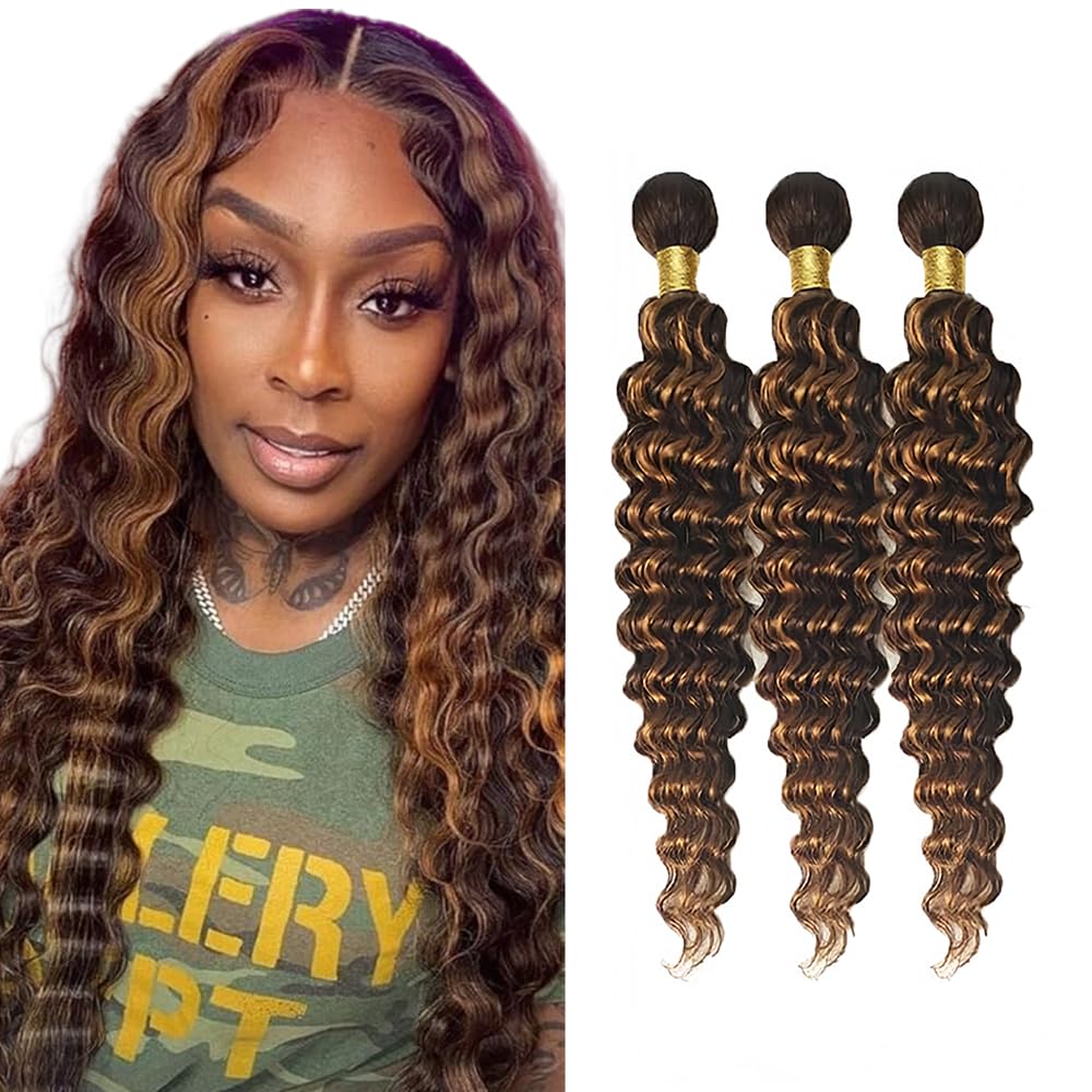 P430 Human Hair Bundles Highlight Deep Wave Bundles Ombre Brown Bundle 16 18 20 inch #4 and #30 Deep Wave Bundle 150g