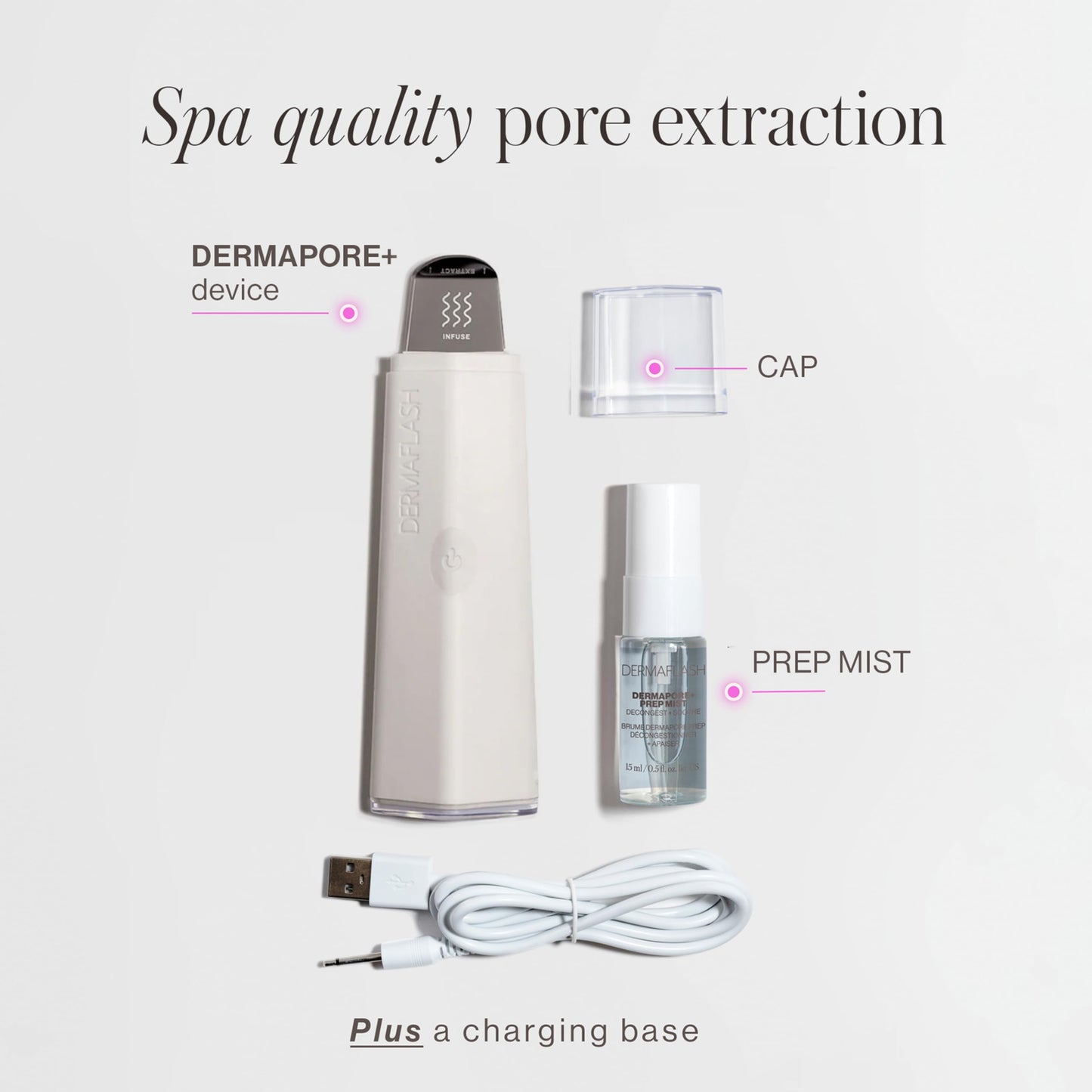 DERMAFLASH DERMAPORE+ Skin Care Device, Ultrasonic 2-in-1 Pore Extractor and Skincare Infuser, Stone