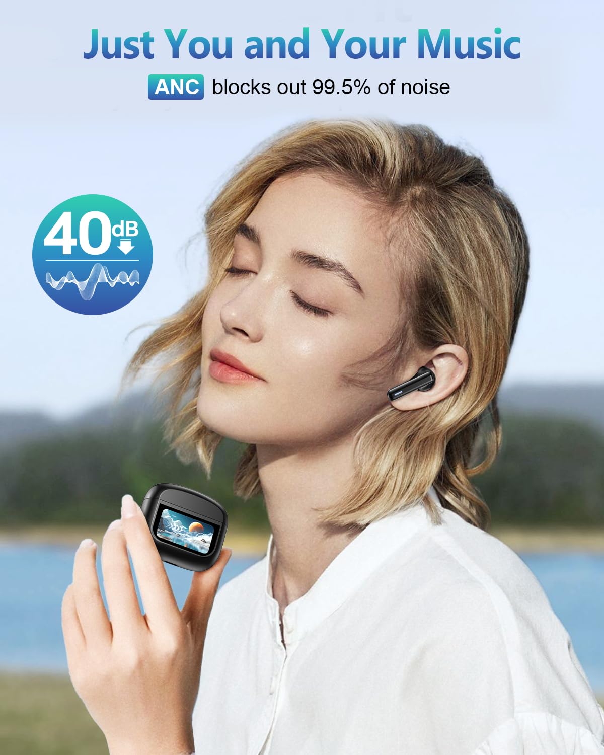 Bluetooth 5.3 Headphones, in-Ear Wireless Earbuds, 55H Playtime HiFi Sound Quality, Active Noise Cancellation, Coal