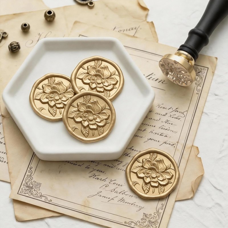 UNIQOOO 3D Embossed Relief Camellia Flowers Wax Seal Stamp with Wooden Handle, Floral Botanical Theme Vintage Brass Stamp for Wedding Invitation, DIY, Gift Wrap, Envelopes, Christmas Card