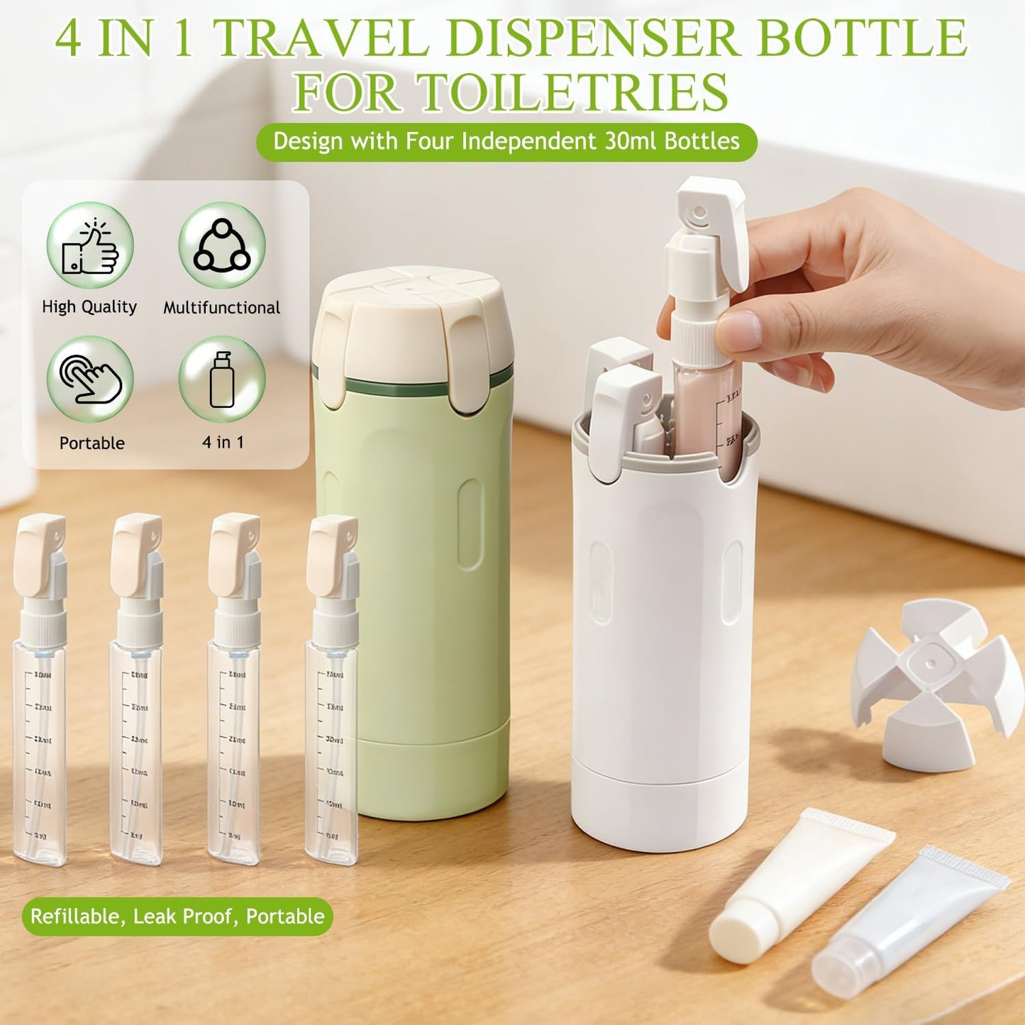 Travel Dispenser Bottle Set - 4 Pack 30ML Refillable Toiletry Bottles | Leak-Proof & Portable for Face Wash, Lotion, Camping