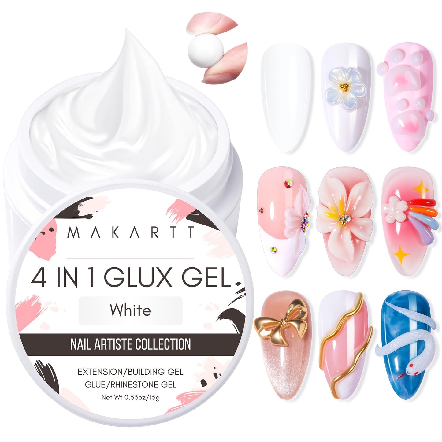 Makartt White 3d Gel Nail Art: 4-in-1 3d Nail Gel Sculpting Gels White Non-sticky for Extension, Shaping, 15ML Solid Builder Nail Gel for Nail Strengthen & Sculpture Gels for Nails Salon Home
