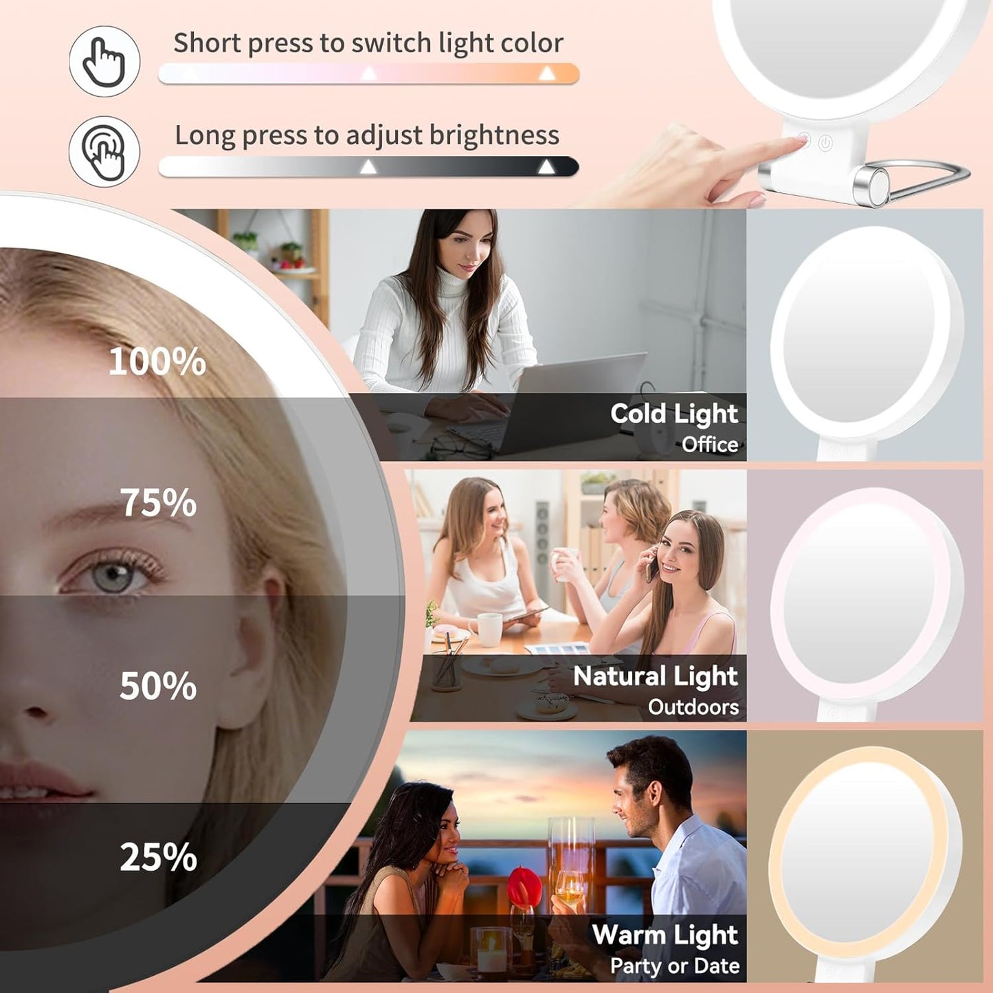 Makeup Mirror with Lights - 1X/30X Magnifying Double-Sided | Adjustable 3 Color Light, Rechargeable 2000mAh