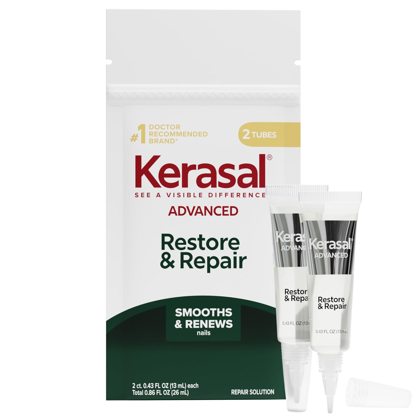 Kerasal Restore & Repair Nail Care Brush - Controlled Nail Repair for Damaged Nails, Quickly Improves Appearance and Smooths Uneven Texture, 0.43 fl oz, Includes 2 Applicators