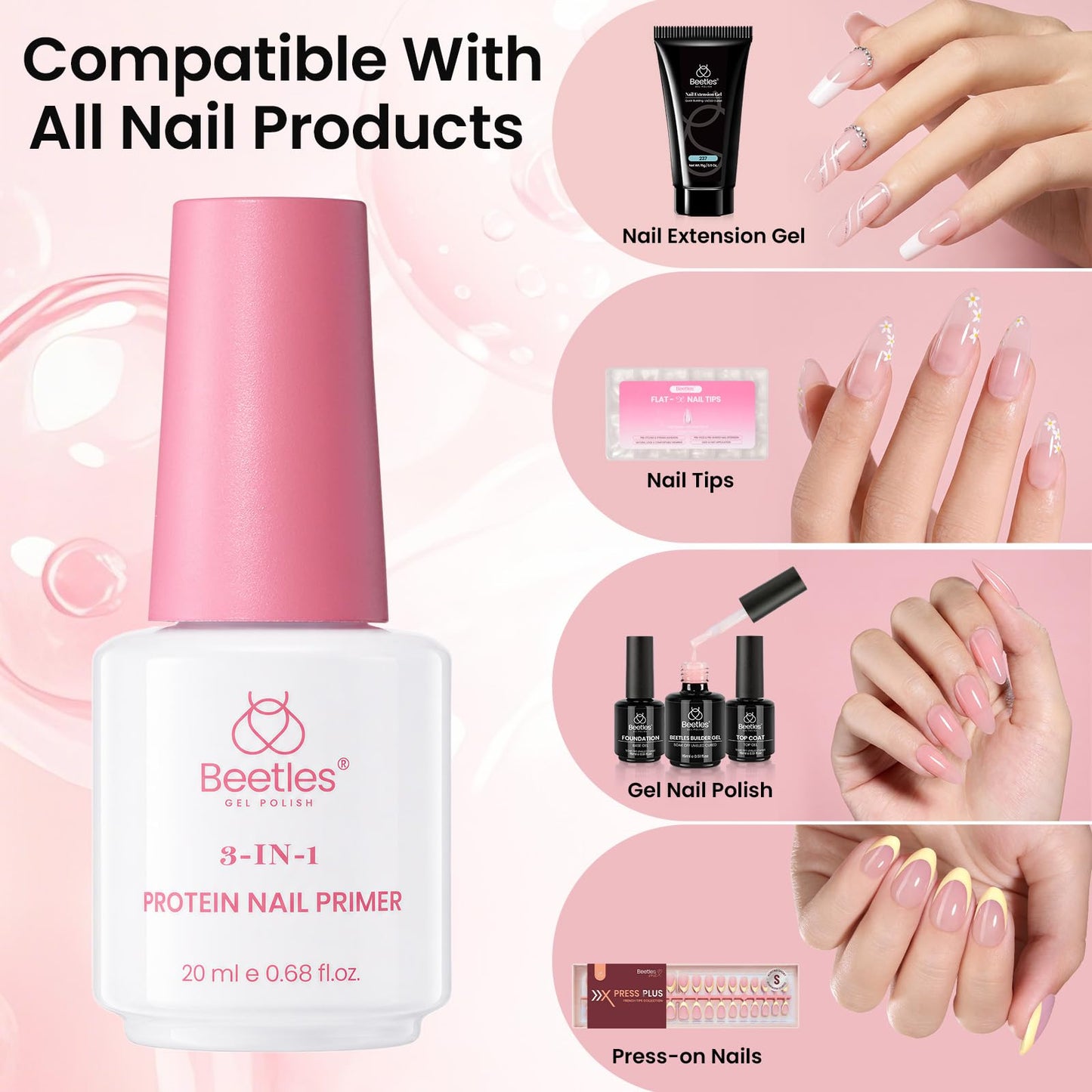 Beetles Protein Nail Dehydrator and Primer, 3-in-1 HEMA-Free Primer Keratin-Infused, Nail Remove Excess, Enhance Adhesion for Acrylic & Gel Nails Supports Growth