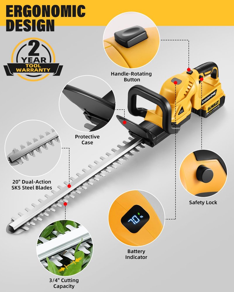 DGQHME Electric Hedge Trimmer Cordless, Compatible with Dw 20V MAX Battery, Lightweight Hedge Trimmers,3000RPM 180° Rotating Head,3/4" Blade Gap(Battery Not Included)