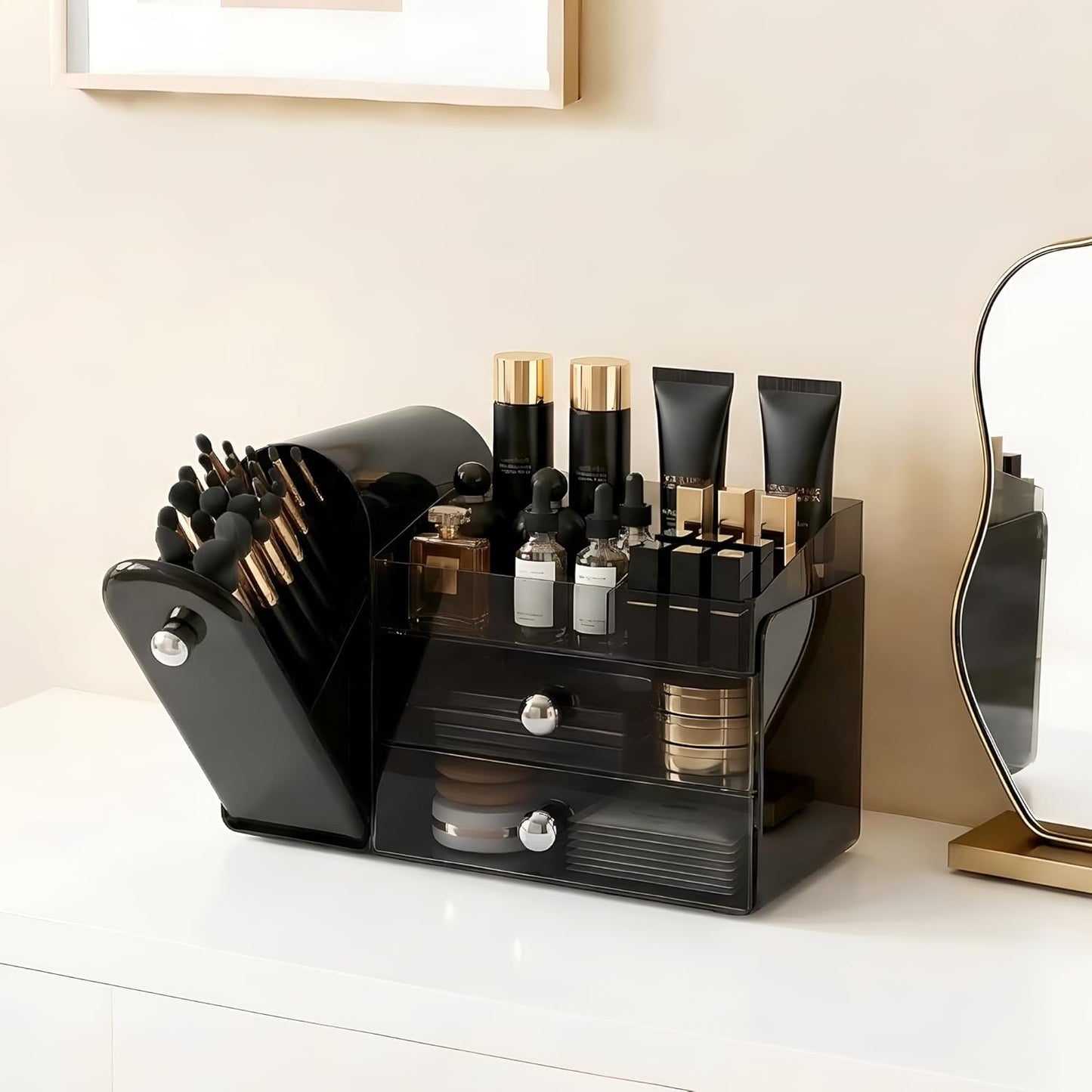 Makeup Organizer - Large Dustproof Vanity Storage with 2 Clear Drawers | Black Skincare & Cosmetics Holder