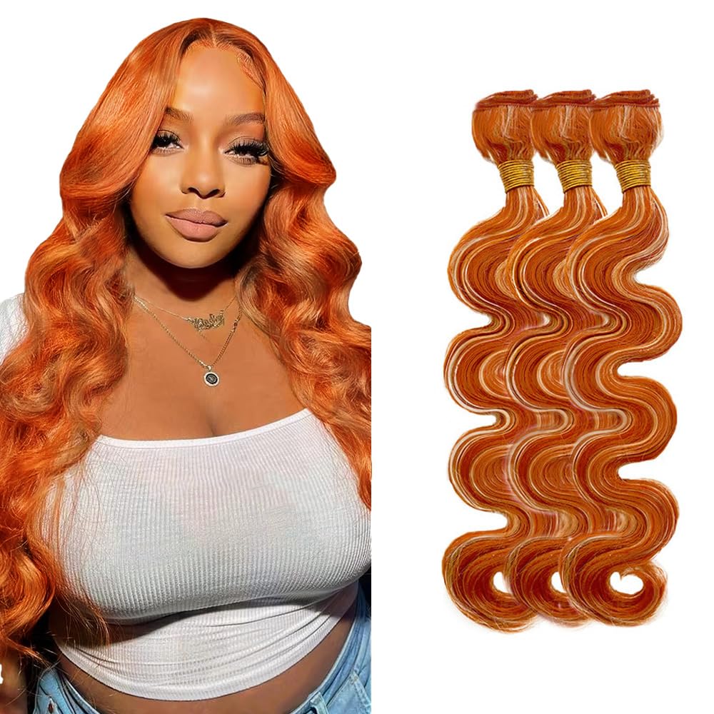 P350/27 Blonde Bundles Body Wave Bundles Human Hair 22 24 26 Inch Blonde Mixed With #350 Orange Body Wave Bundle Unprocessed Brazilian Virgin Weave Hair 3 Bundles 100 Gram Per Bundle