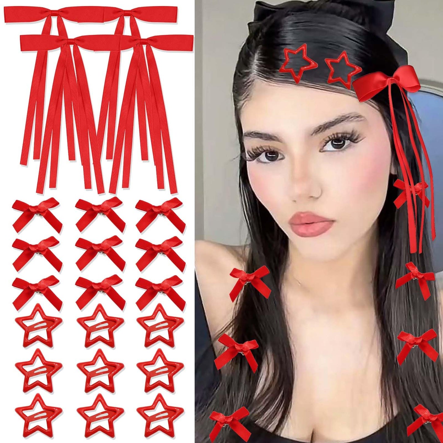 STGDAK Valentine's Day Red Hair Bows Cute Star Barrettes Small Bow Clips Satin Hair Ribbon Long Tail Stylish Star Clip Y2k Bowknot Barrette Kawaii Hairpins Coquette Accessoires For Girls Women