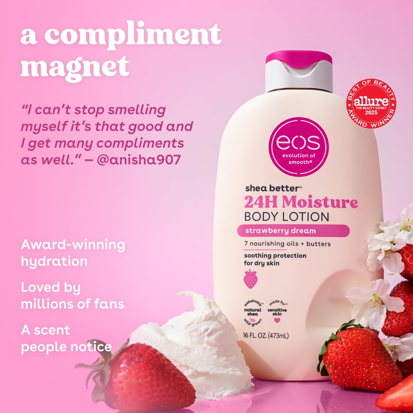 eos Shea Better Body Lotion Strawberry Dream, 24-Hour Moisture Skin Care, Lightweight & Non-Greasy, Natural Shea, Vegan, Strawberry Body Lotion, 16 fl oz