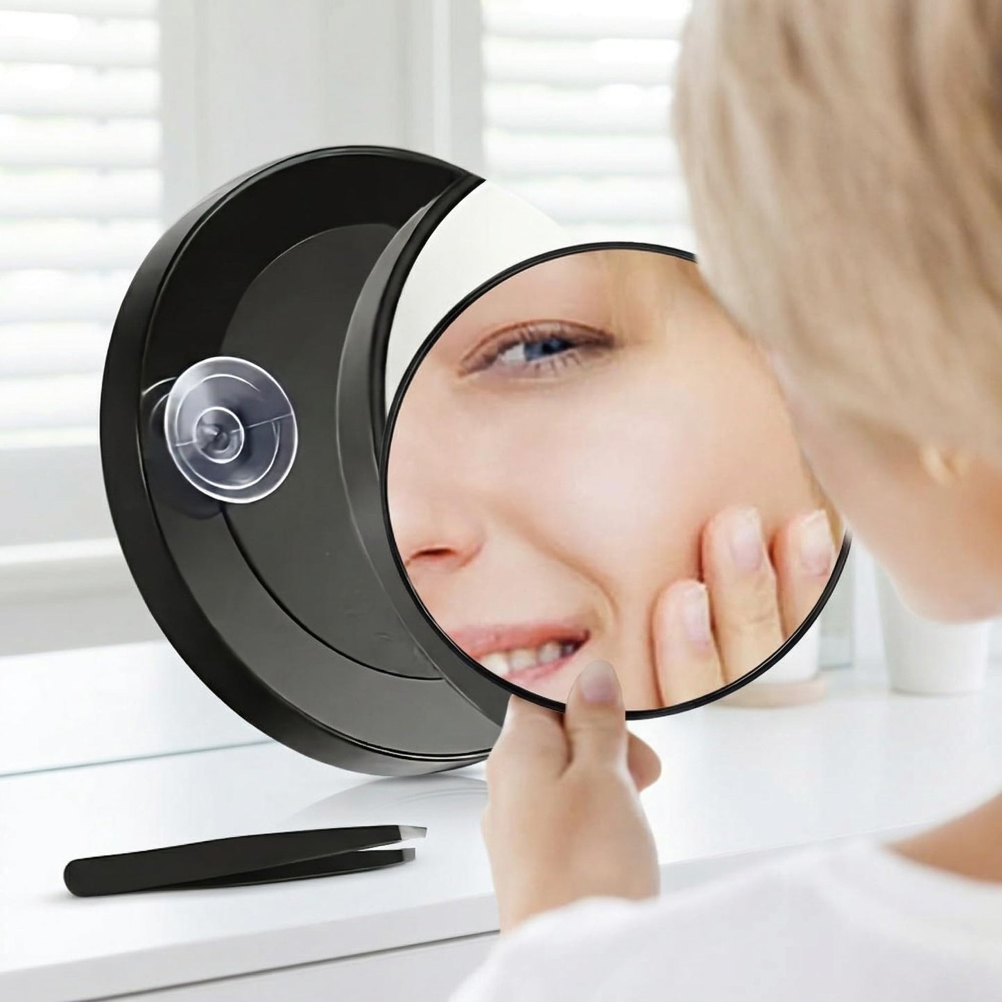 Magnifying Mirror, 50X High Magnification Round Handheld Suction Cup Black Tool, Portable Small Makeup Mirror with Tweezers for Precise Eyebrow Plucking Blackhead Removal and Facial Grooming