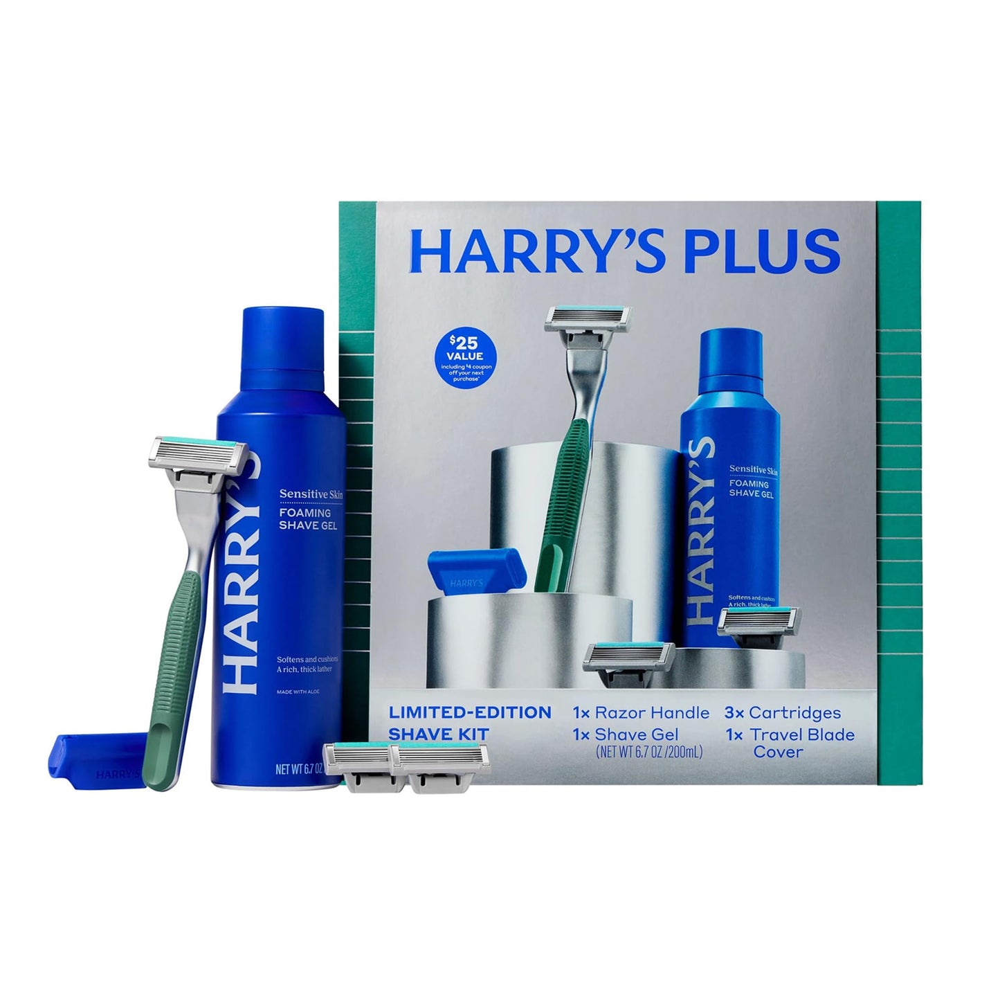 Harry's Plus Men's Gift Set with Shaving Razor, 3 Blade Refill Cartridges, 6.7 FL OZ Foaming Shave Gel, Shaving Kit for Men