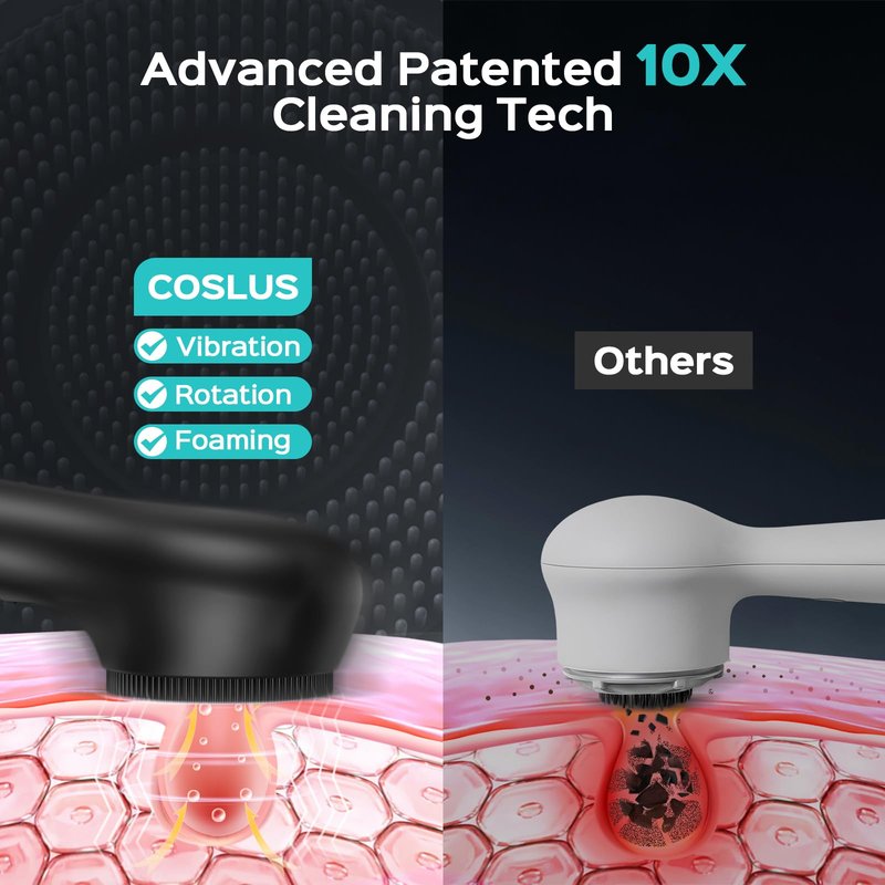 COSLUS FBS03 Face Scrubber Facial Cleansing Brush: 2 in 1 Spin and Vibration Patented, Silicone Electric Exfoliator Scrubber with Automatic Foaming, Waterproof Face Cleanser Brush for Men and Women
