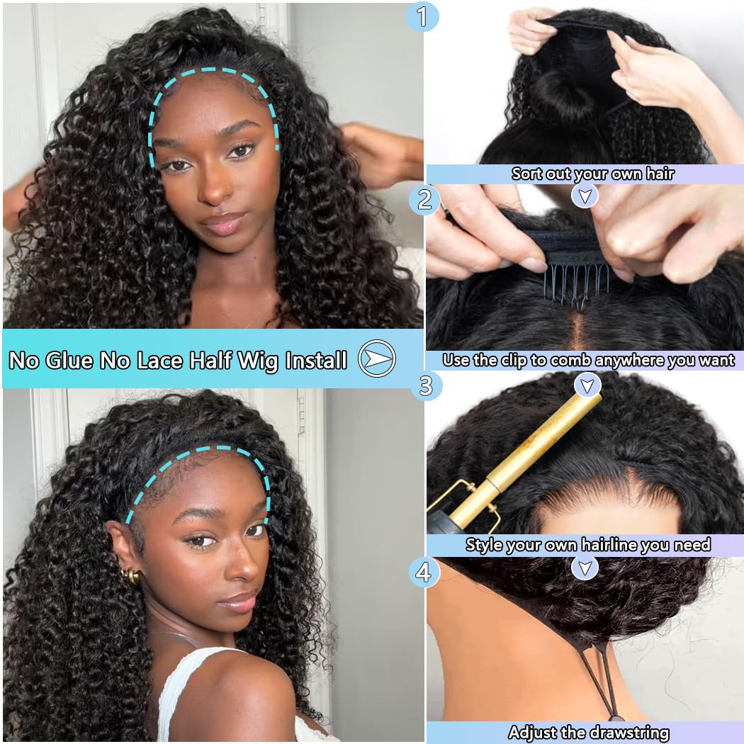 Curly Half Wig - Human Hair Water Wave 24 Inch | 200% Density, Glueless, Beginner Friendly