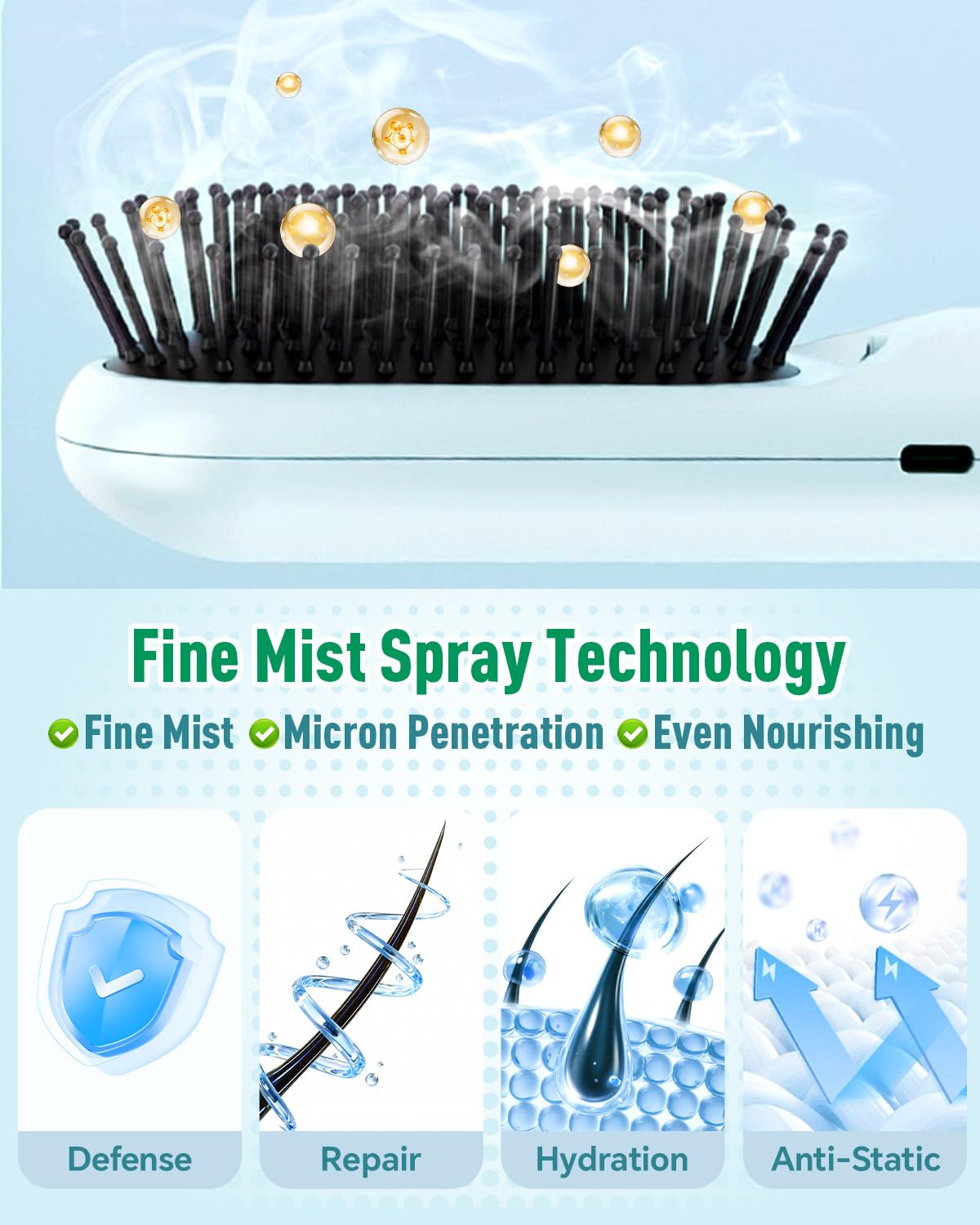 BONNET QUEEN Multifunction Electric Mist Hair Brush for Curly Hair, Hair Oil Applicator & Scalp Massager, Deep Conditioning, Frizz Control, Cordless Hairbrush for Home & Travel, Green