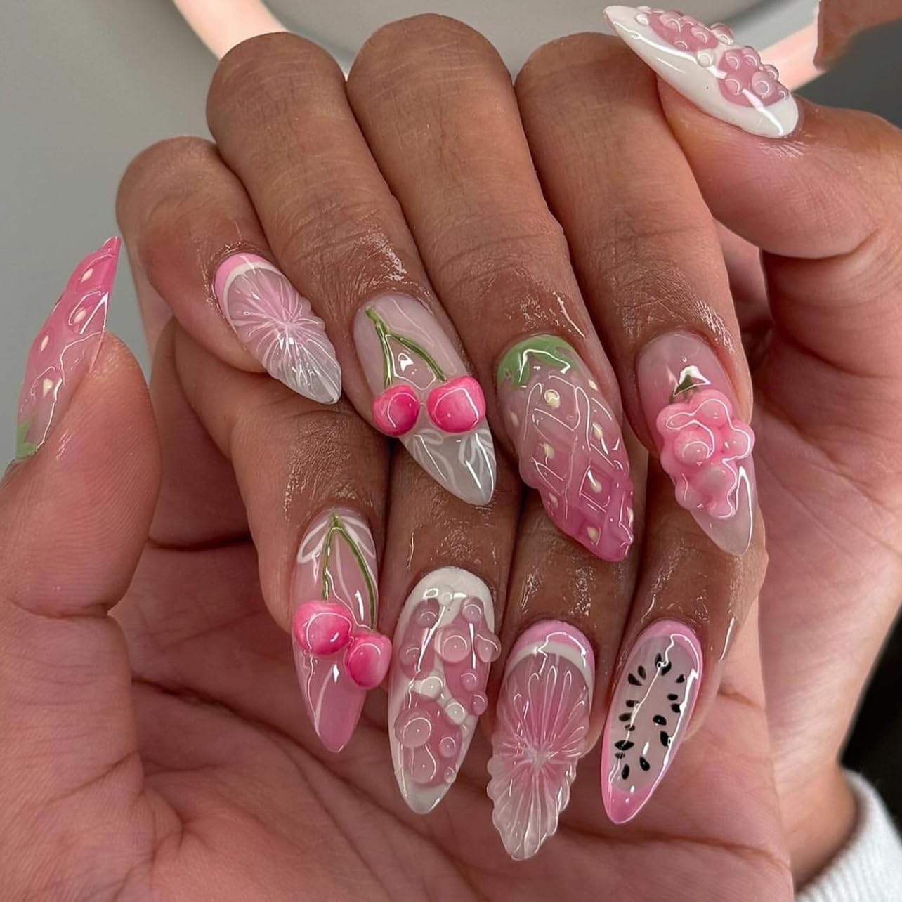 Cat Eye French Tip Press-On Nails - Nude & Pink Short Almond | Reusable Glue-On Nails with Gold Line for Weddings & Parties