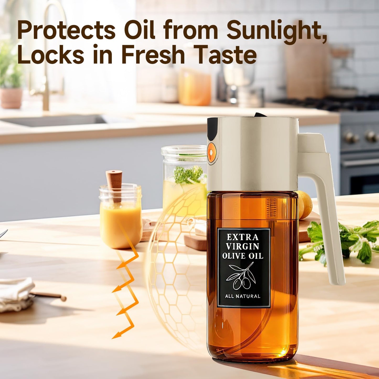 TELUNSHI 500ml Beige Glass Oil Sprayer, Dark-Tinted Glass Fine Mist Spray Bottle for Baking, Salad, Air Fryer, Light Cooking, Refillable 2-in-1 Oil Dispenser