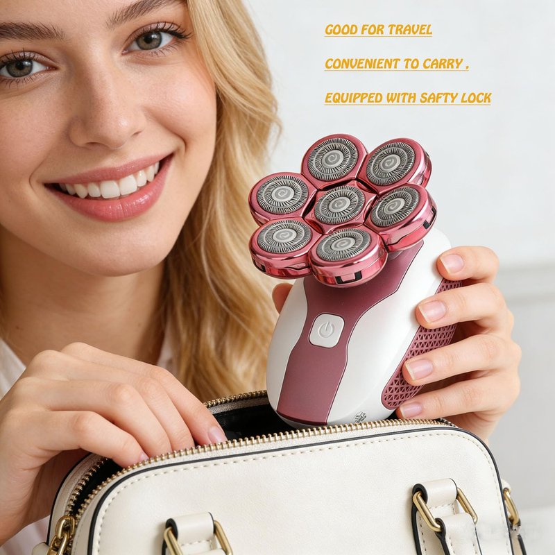 Electric Shaver for Women Legs, IPX7 Waterproof Rechargeable Body Razors with 7-Blade, Facial Hair Remover, Nose Trimmer & Cleansing Brush, Wet/Dry Lady Bikini Trimmer Grooming Kit Gift for Her