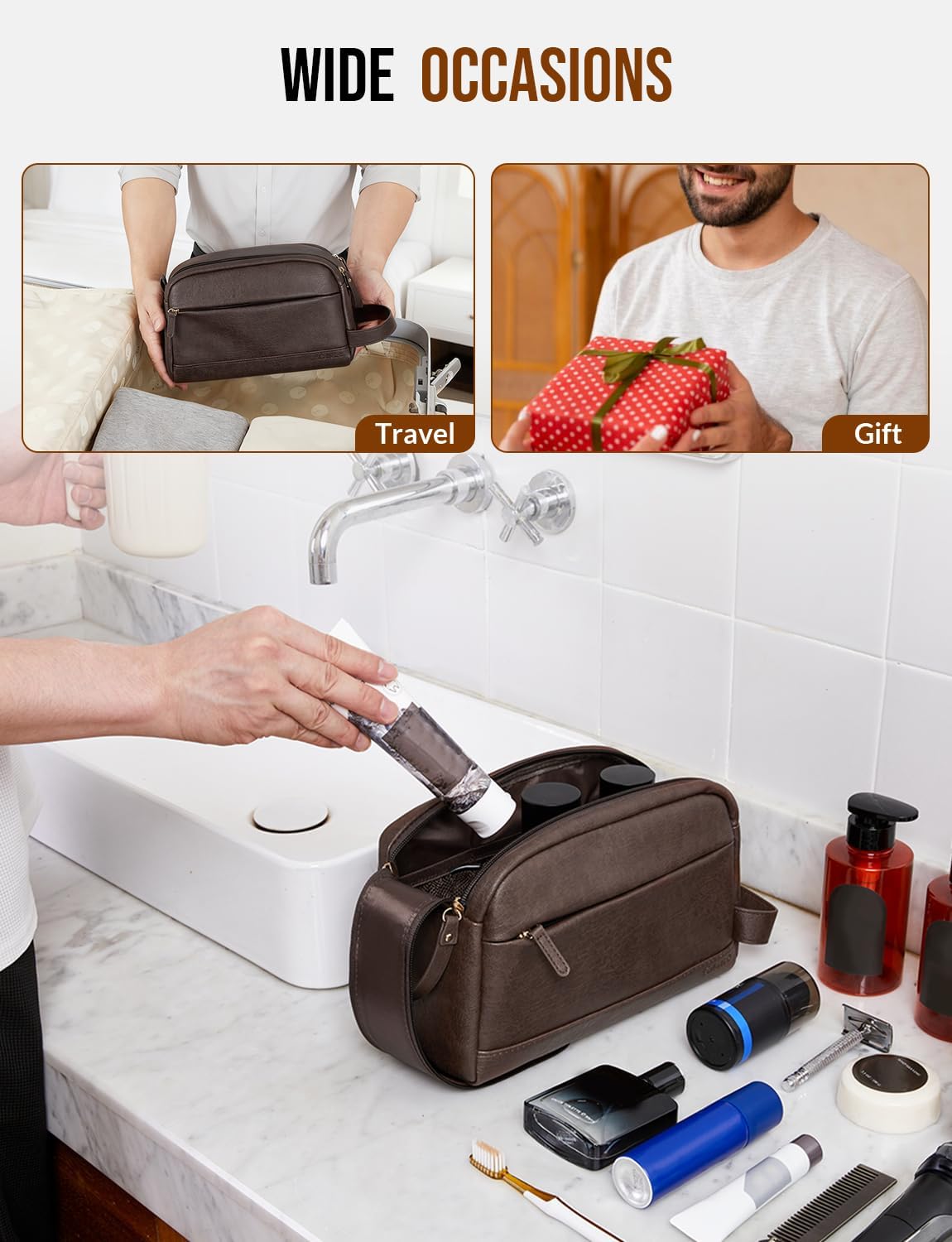 Toiletry Bag for Men - Water Resistant PU Leather Travel Organizer | Dark Brown