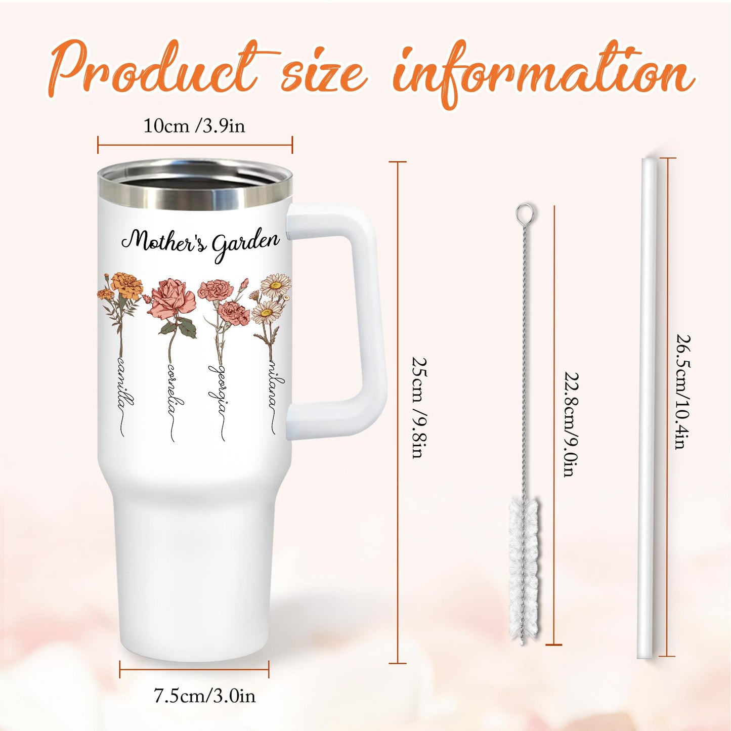Personalized Mothers Garden Tumbler With Names, 40 Oz Travel Coffee Tumbler