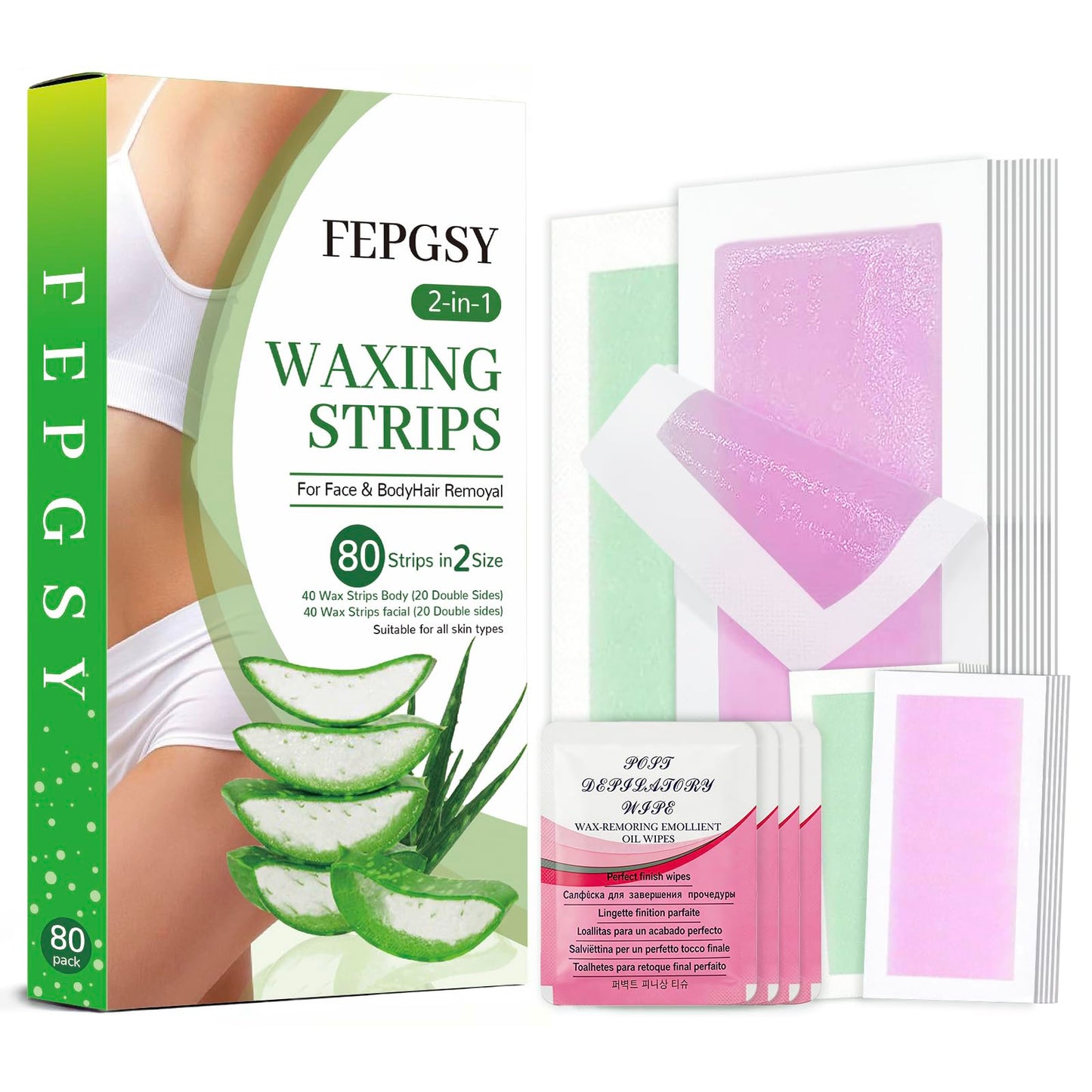 84PCS Wax Strips for Face Hair Removal,Body Waxing Kit for Women,Suitable for Face,Body,Legs, and Bikini Zone.Lncludes 40 Body+40 Facial Waxing Strips&4Calming Oil Wipes