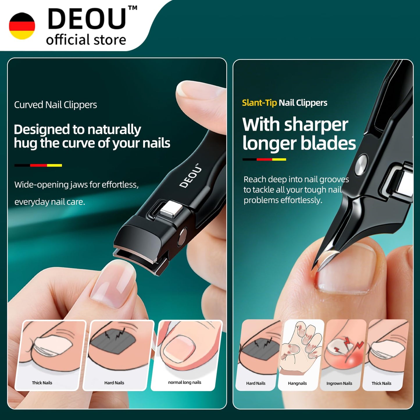 DEOU Nail Clippers Set, Stainless Steel Manicure Kit for Thick Hard Ingrown Nails, Anti-Splash with Nail File, Portable Keyhole Design, Gift Box for Home Travel (Black, Diagonal Cut + Straight Cut)