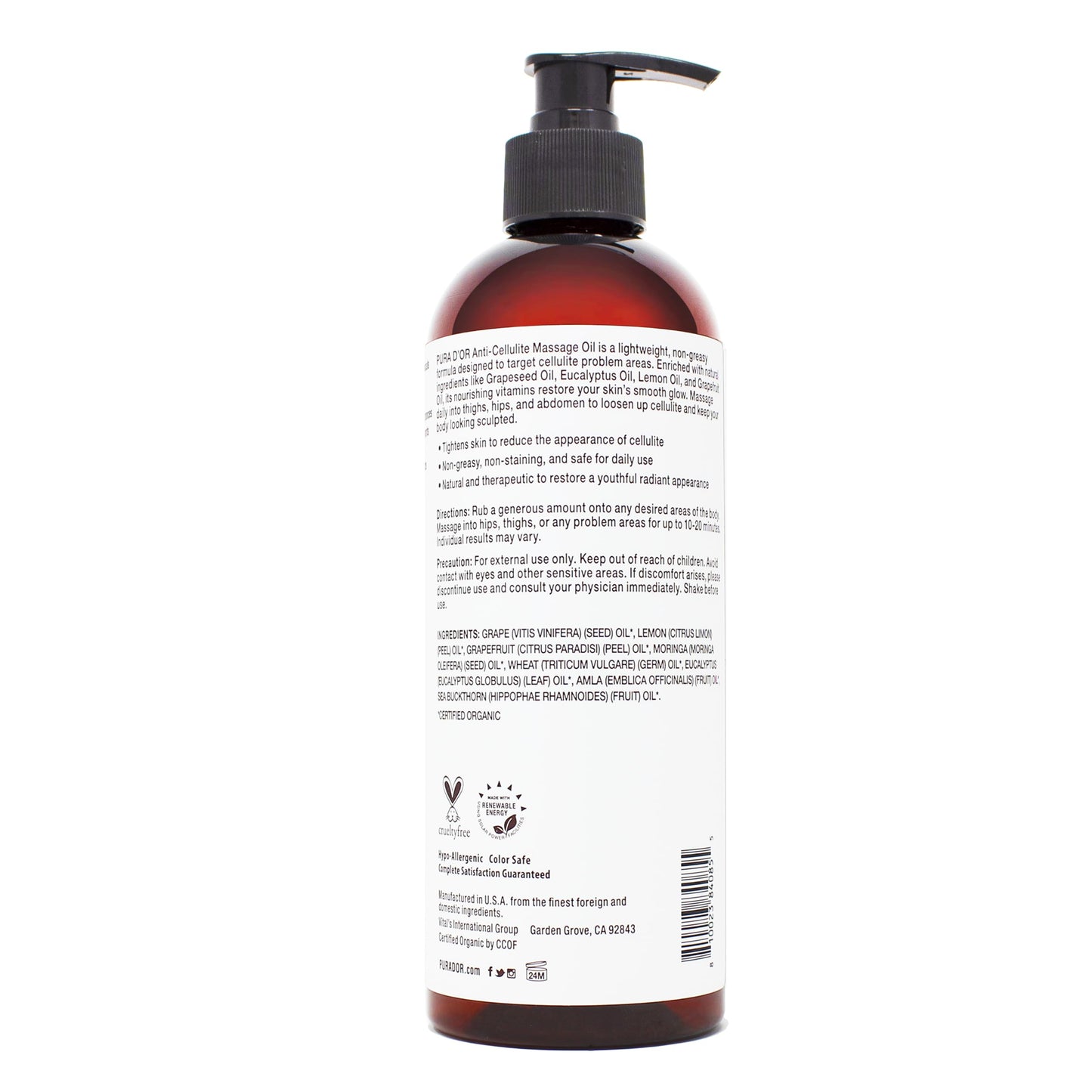 PURA D’OR 16 Oz Organic Anti-Cellulite Massage Oil for Toned Legs and Butt - Lemon Peel, Moringa, Grape Seed, Grapefruit & Eucalyptus Oils - Skin Firming & Tightening