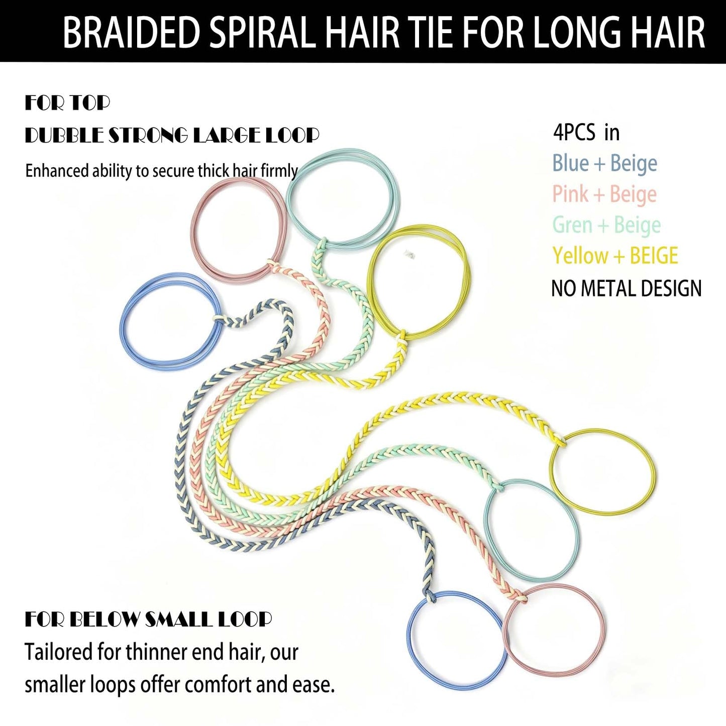 Sports Hair Ties for Women, 25" 4 Packs Soft Nylon Elastic Ponytail Holders for Thick,Curly,Fine Hair Spiral Pony Tail Wrap Tie Long Womens Accessories for Swim,Riding,Running,Workout,GYM,Surf,Dive